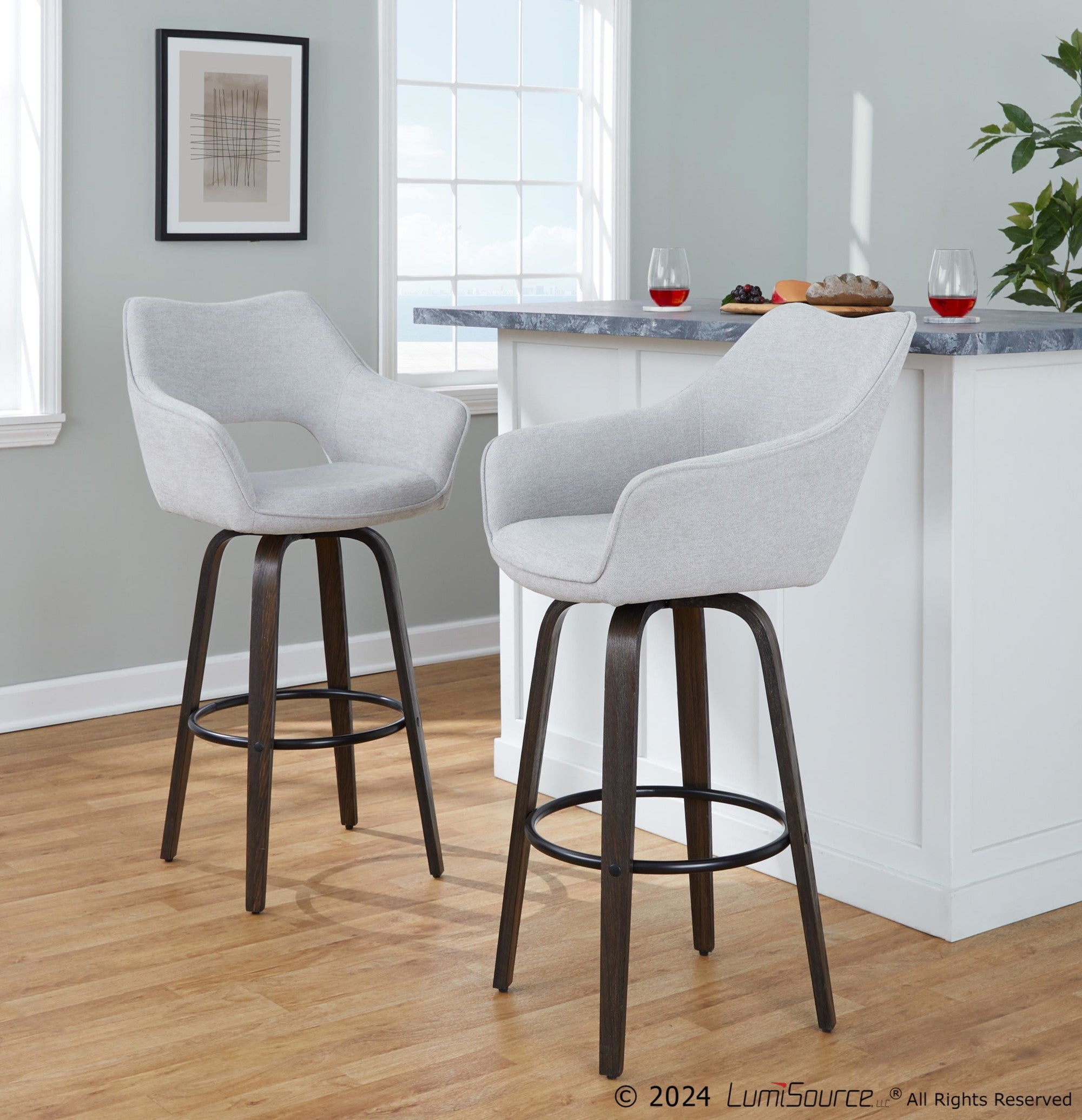Mustang 30" Fixed-Height Barstool - Set of 2 - Walnut Glazed Wood, Grey Fabric, Black Metal