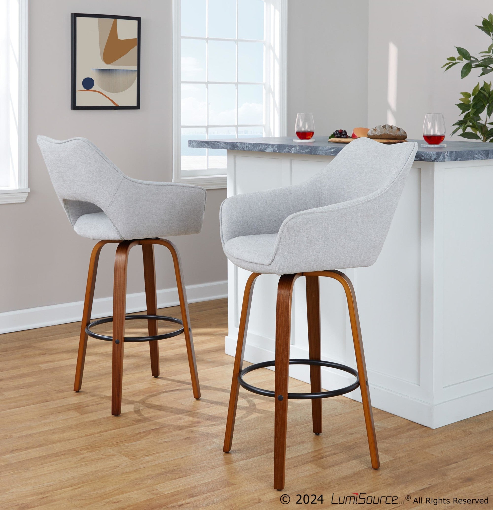 Mustang 30" Fixed-Height Barstool - Set of 2 - Walnut Wood, Grey Fabric, Black Metal