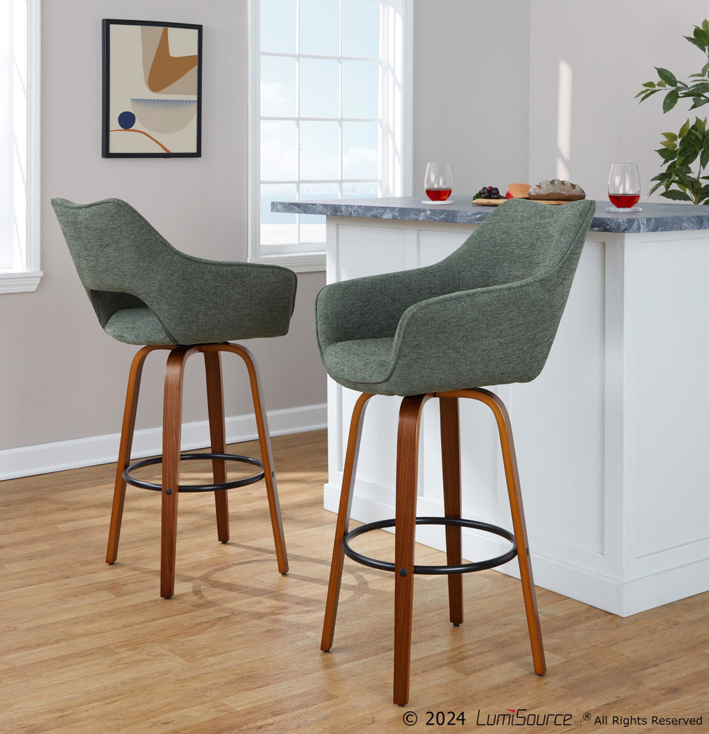 Mustang 30" Fixed-Height Barstool - Set of 2 - Walnut Wood, Green Fabric, Black Metal