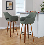 Mustang 30" Fixed-Height Barstool - Set of 2 - Walnut Wood, Green Fabric, Black Metal