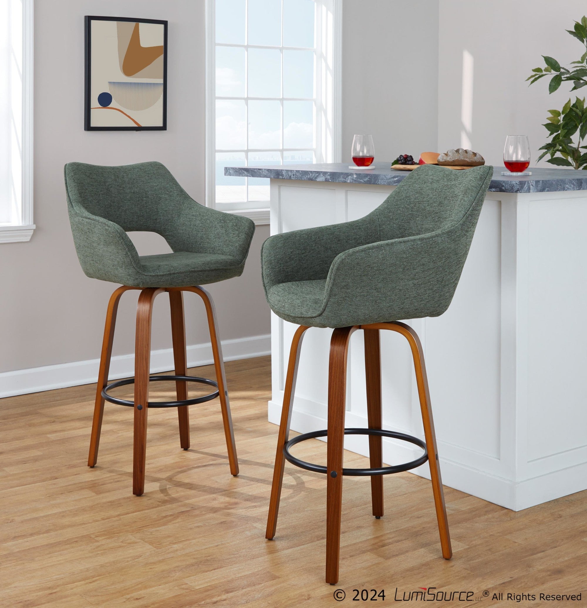 Mustang 30" Fixed-Height Barstool - Set of 2 - Walnut Wood, Green Fabric, Black Metal