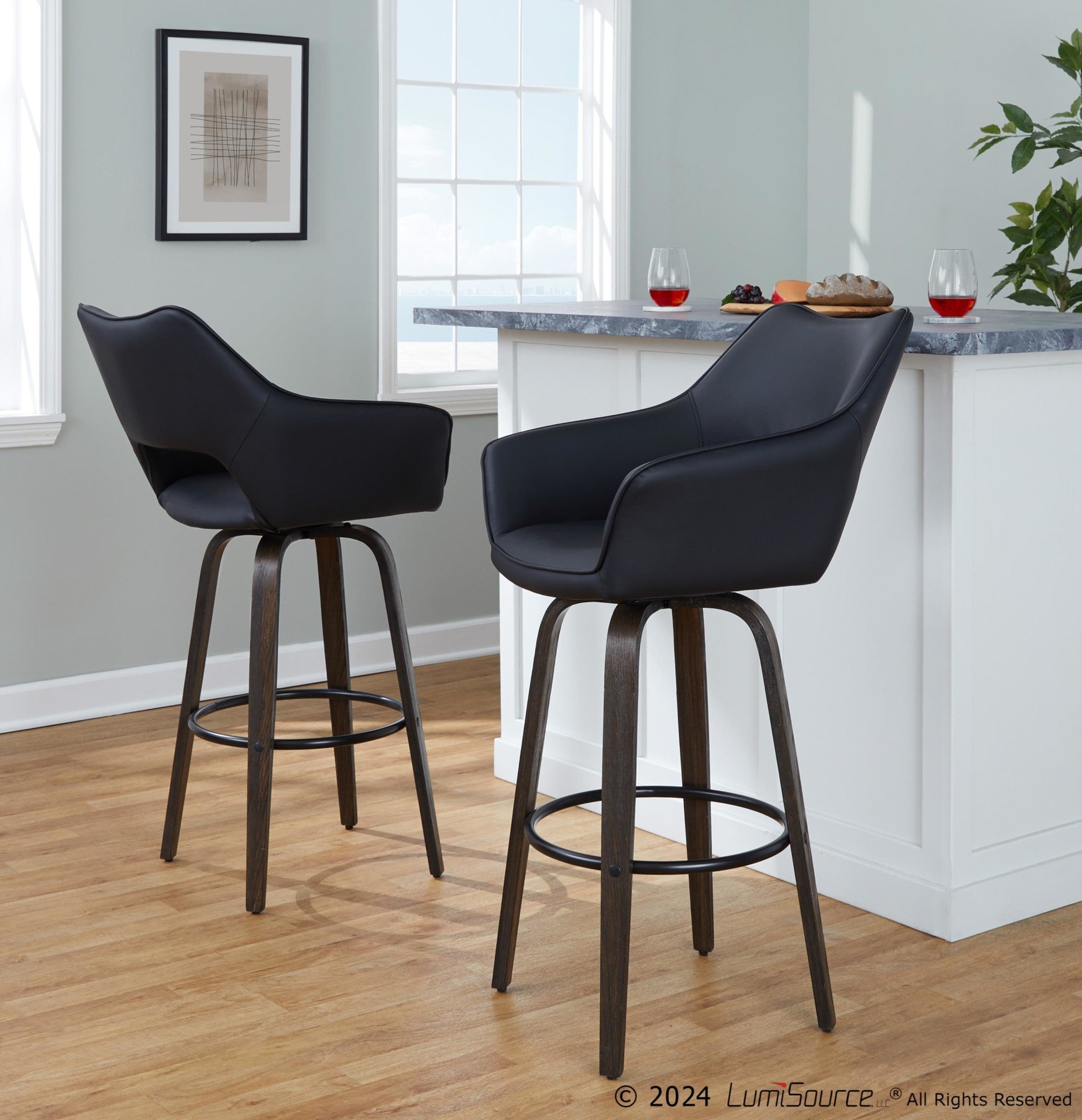 Mustang 30" Fixed-Height Barstool - Set of 2 - Walnut Glazed Wood, Black PU, Black Metal