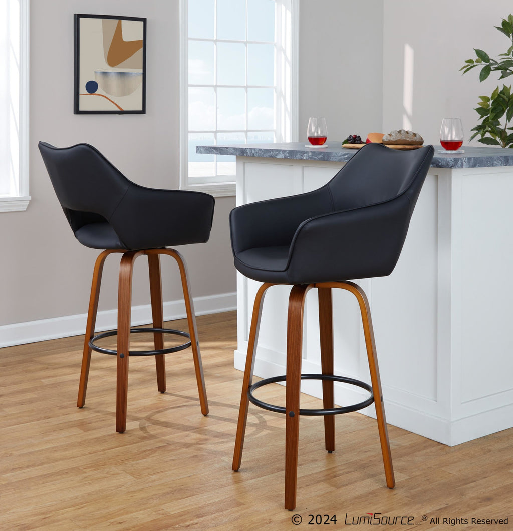 Mustang 30" Fixed-Height Barstool - Set of 2 - Walnut Wood, Black PU, Black Metal
