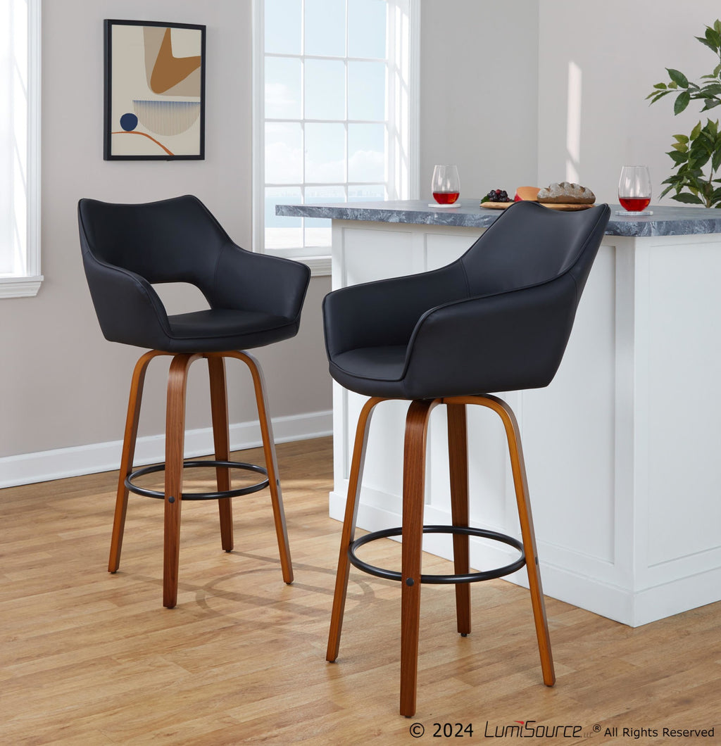 Mustang 30" Fixed-Height Barstool - Set of 2 - Walnut Wood, Black PU, Black Metal