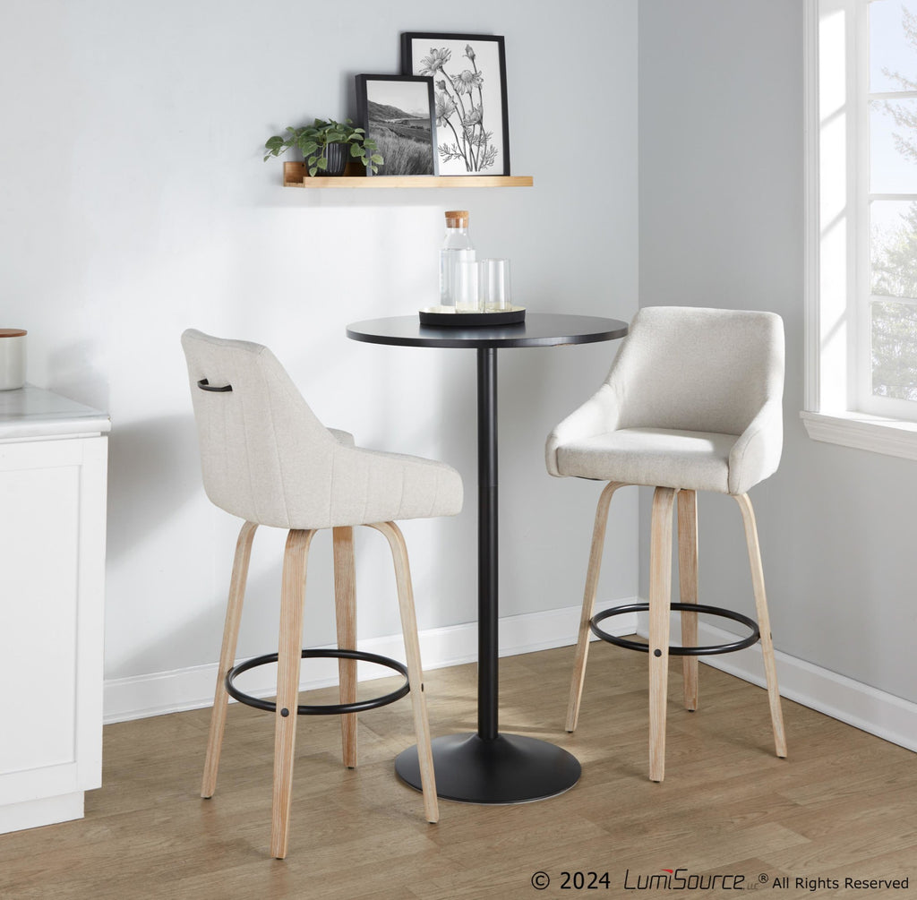 Hannah 30" Fixed-Height Barstool - Set of 2 - Whitewashed Wood, Cream Fabric, Black Metal