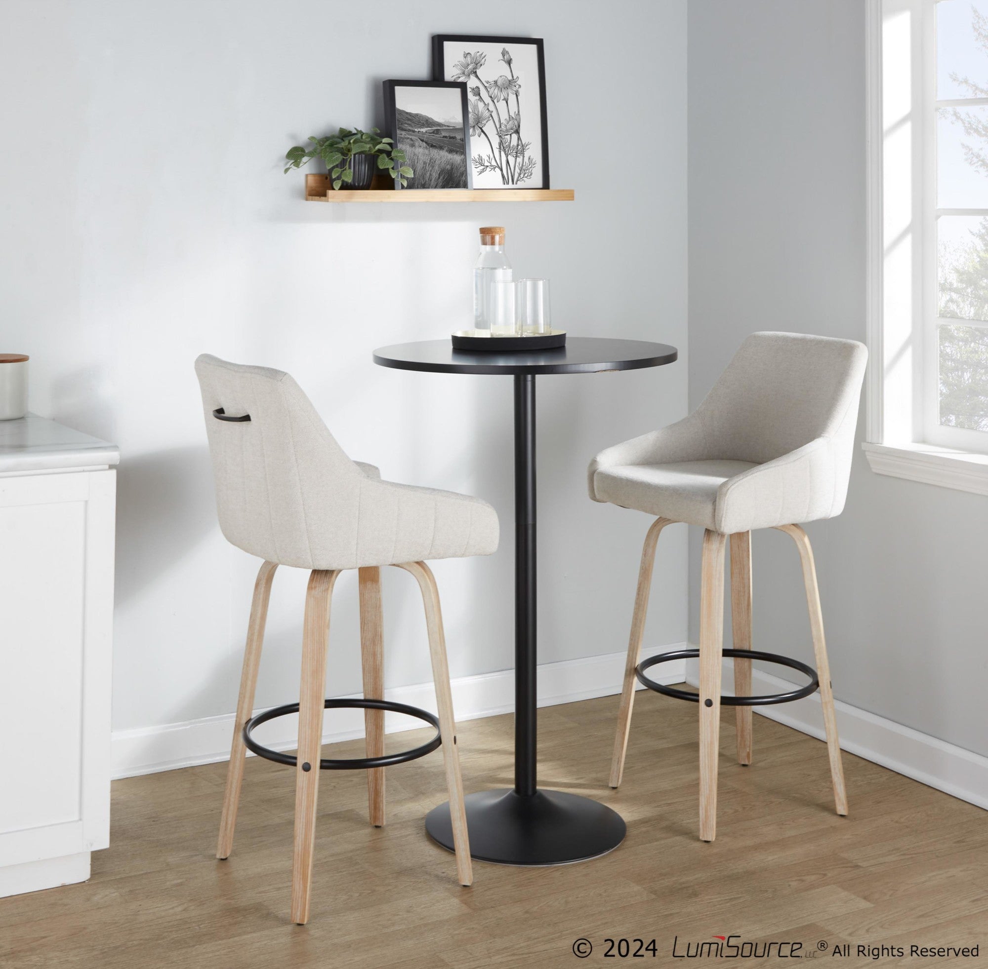 Hannah 30" Fixed-Height Barstool - Set of 2 - Whitewashed Wood, Cream Fabric, Black Metal