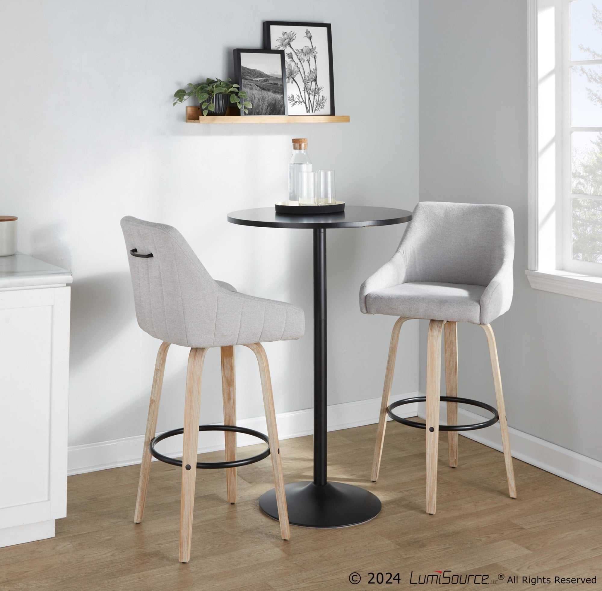 Hannah 30" Fixed-Height Barstool - Set of 2 - Whitewashed Wood, Grey Fabric, Black Metal