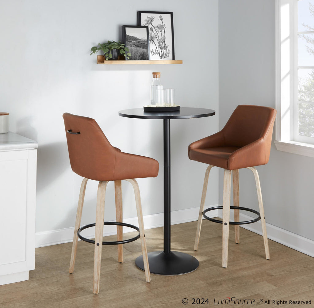 Hannah 30" Fixed-Height Barstool - Set of 2 - Whitewashed Wood, Camel PU, Black Metal