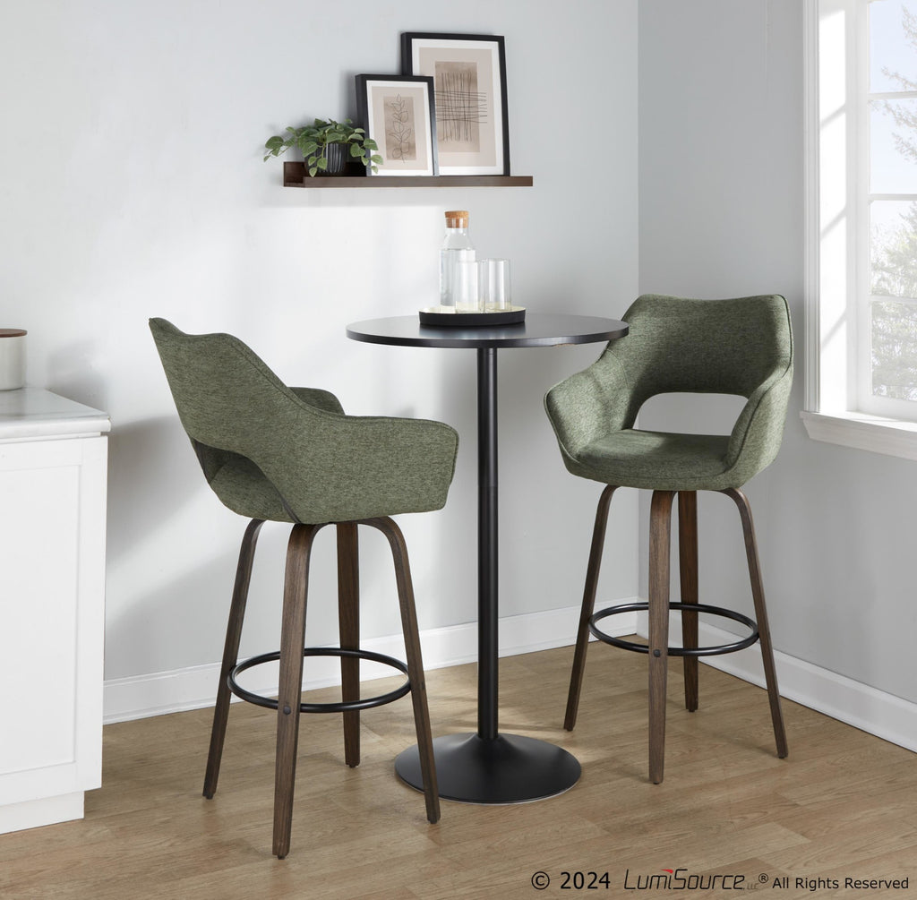 Mustang 30" Fixed-Height Barstool - Set of 2 - Walnut Glazed Wood, Green Fabric, Black Metal