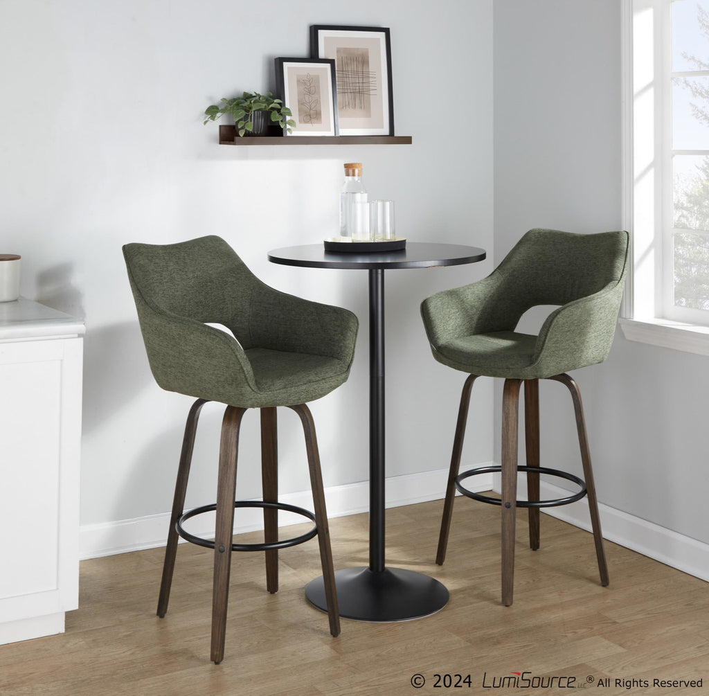 Mustang 30" Fixed-Height Barstool - Set of 2 - Walnut Glazed Wood, Green Fabric, Black Metal