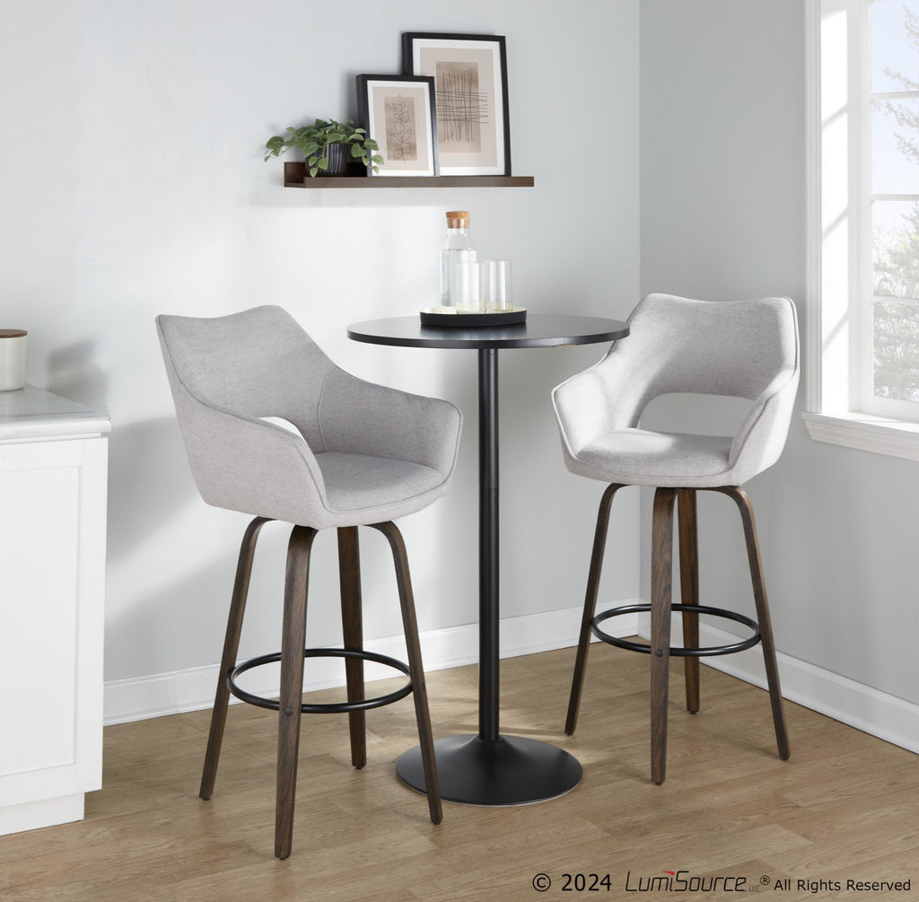 Mustang 30" Fixed-Height Barstool - Set of 2 - Walnut Glazed Wood, Grey Fabric, Black Metal