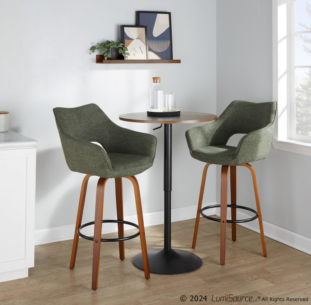 Mustang 30" Fixed-Height Barstool - Set of 2 - Walnut Wood, Green Fabric, Black Metal