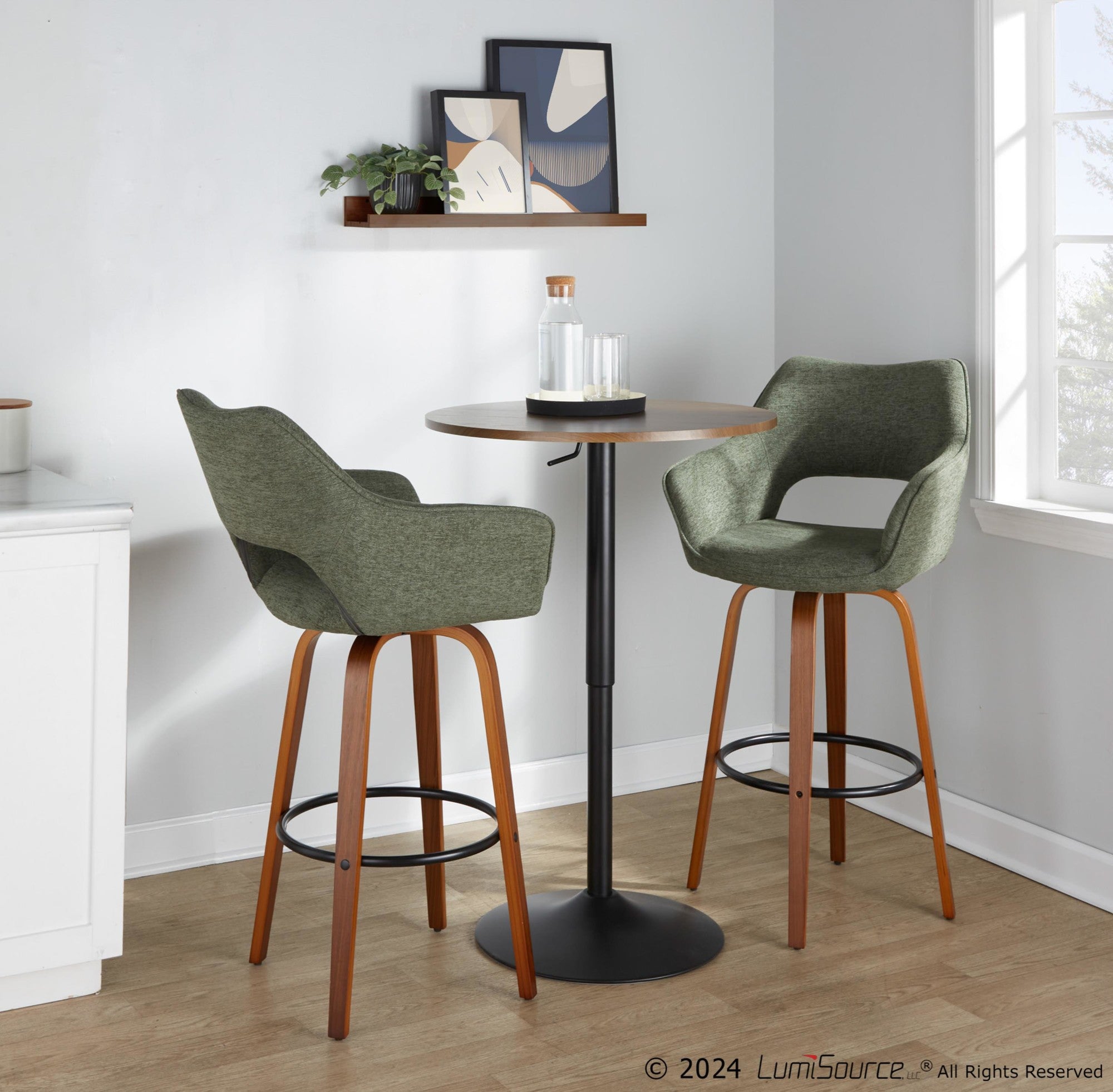 Mustang 30" Fixed-Height Barstool - Set of 2 - Walnut Wood, Green Fabric, Black Metal