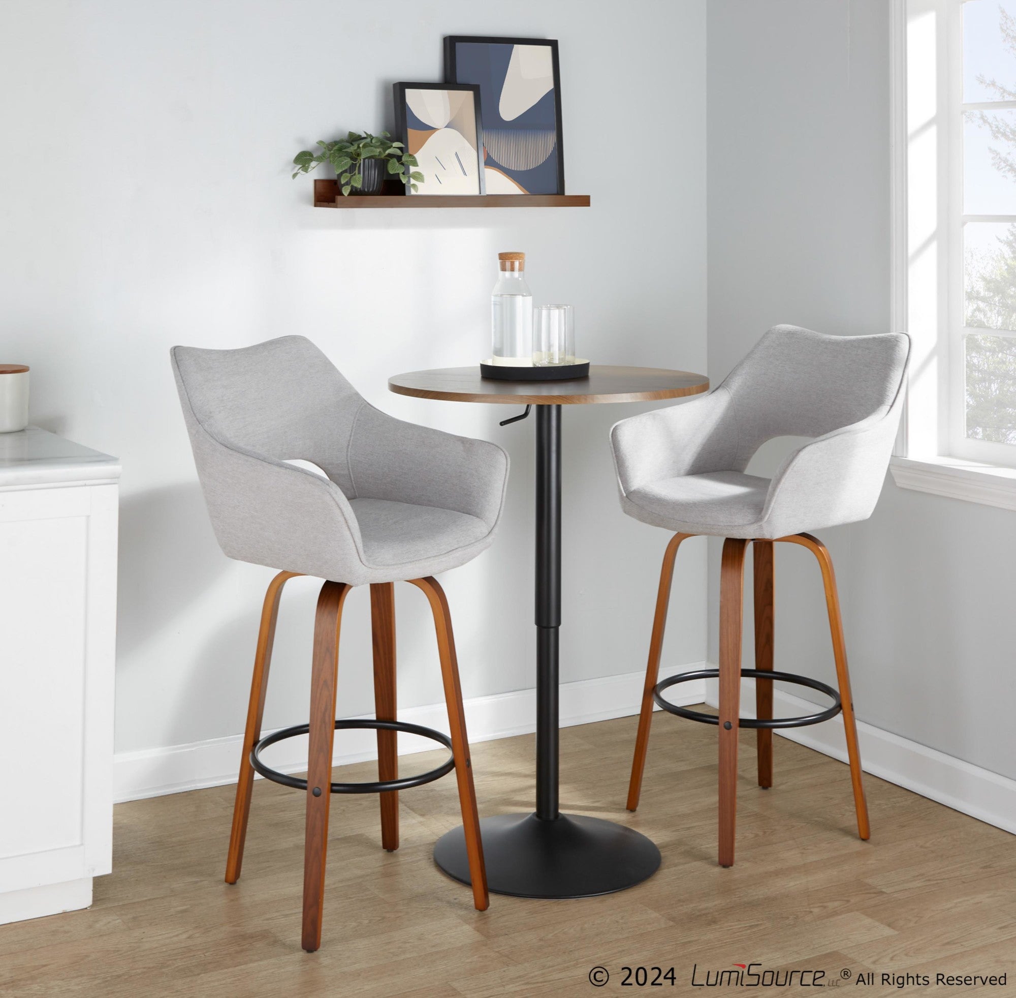 Mustang 30" Fixed-Height Barstool - Set of 2 - Walnut Wood, Grey Fabric, Black Metal