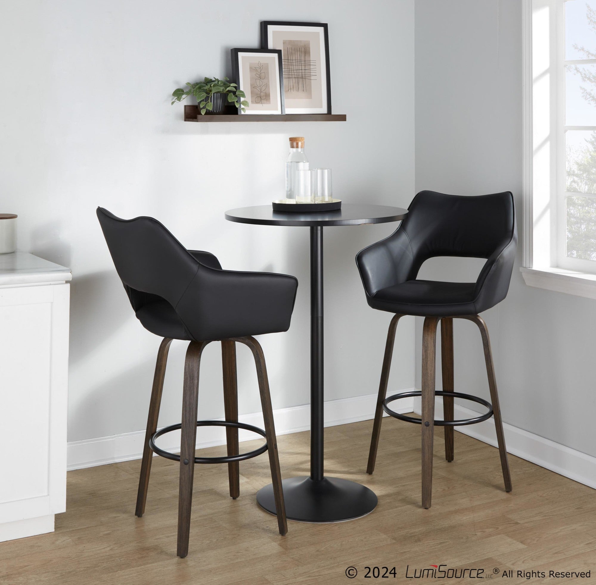 Mustang 30" Fixed-Height Barstool - Set of 2 - Walnut Glazed Wood, Black PU, Black Metal