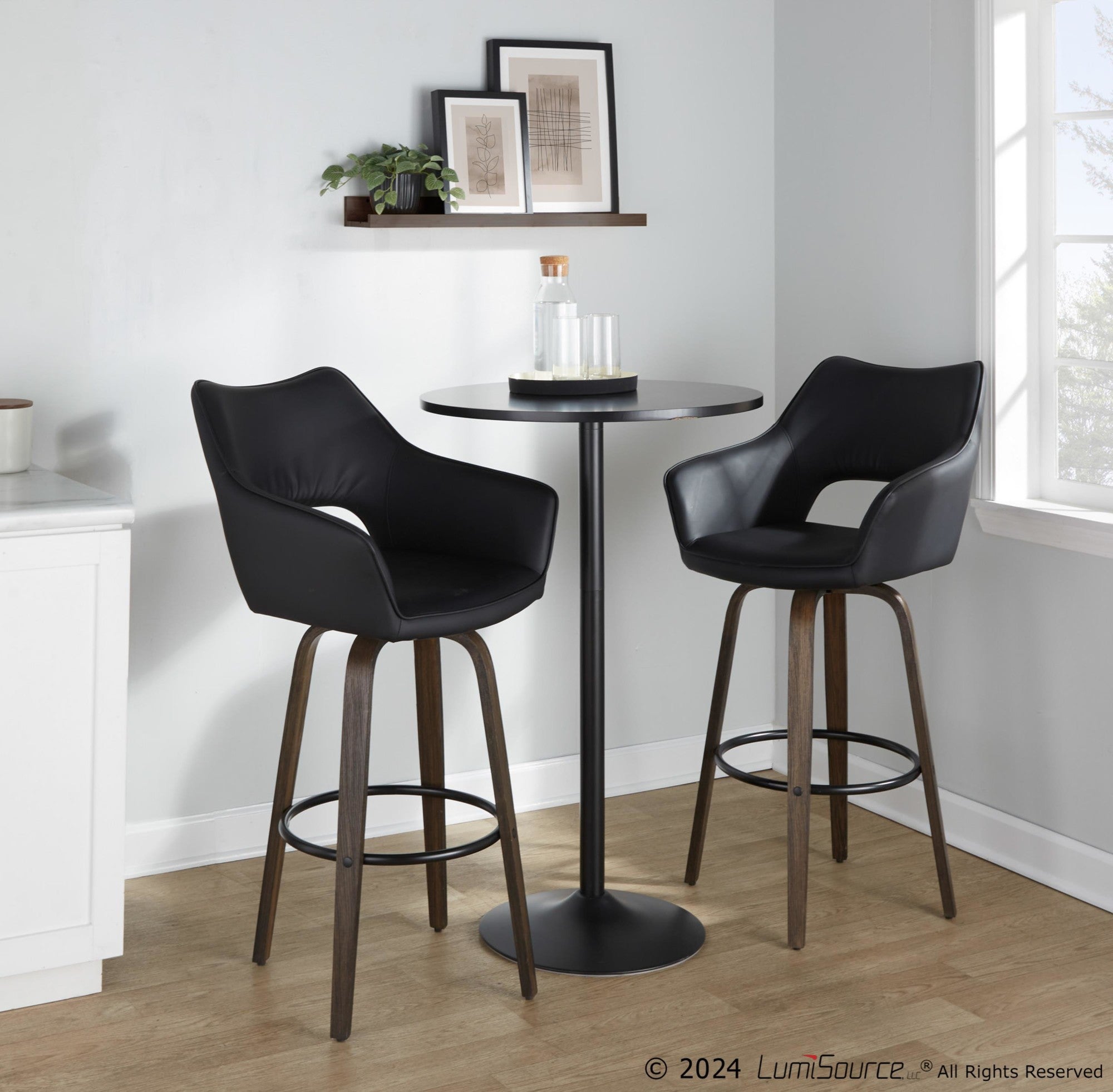 Mustang 30" Fixed-Height Barstool - Set of 2 - Walnut Glazed Wood, Black PU, Black Metal