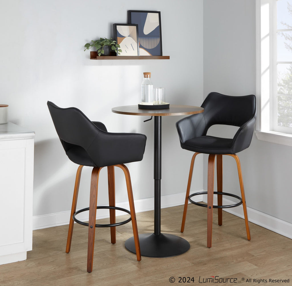 Mustang 30" Fixed-Height Barstool - Set of 2 - Walnut Wood, Black PU, Black Metal