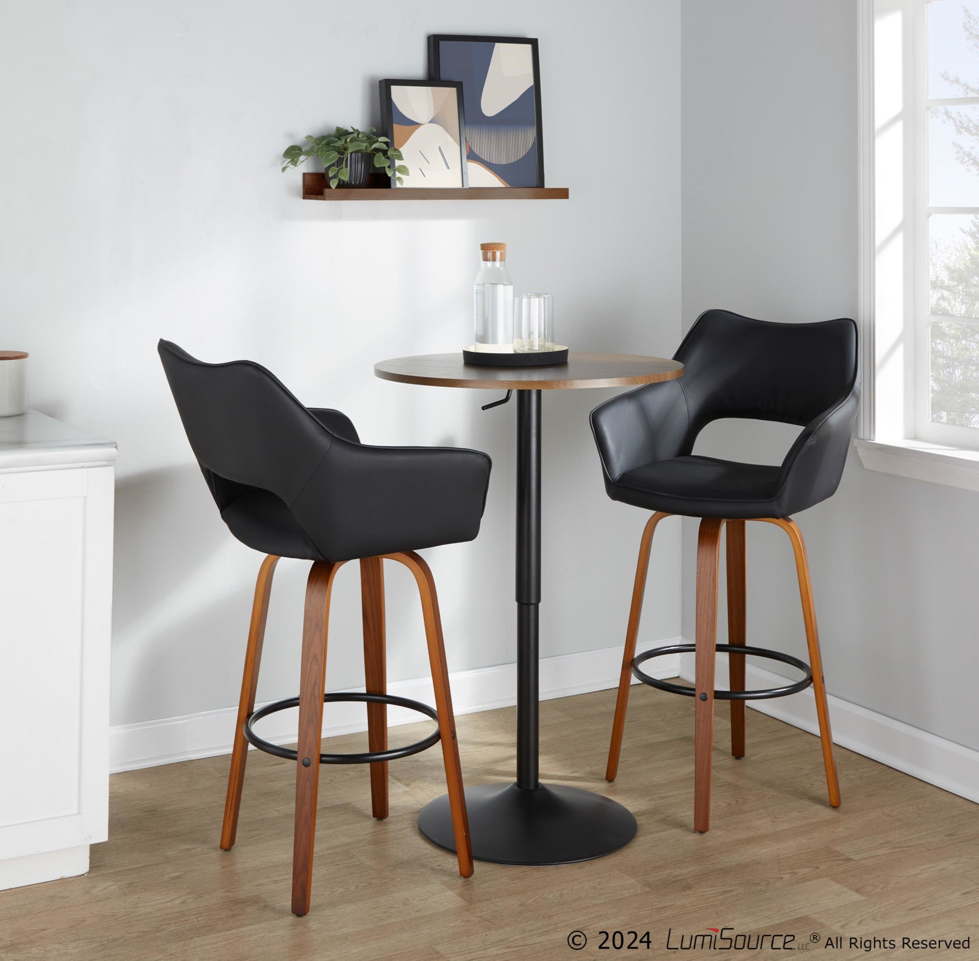 Mustang 30" Fixed-Height Barstool - Set of 2 - Walnut Wood, Black PU, Black Metal