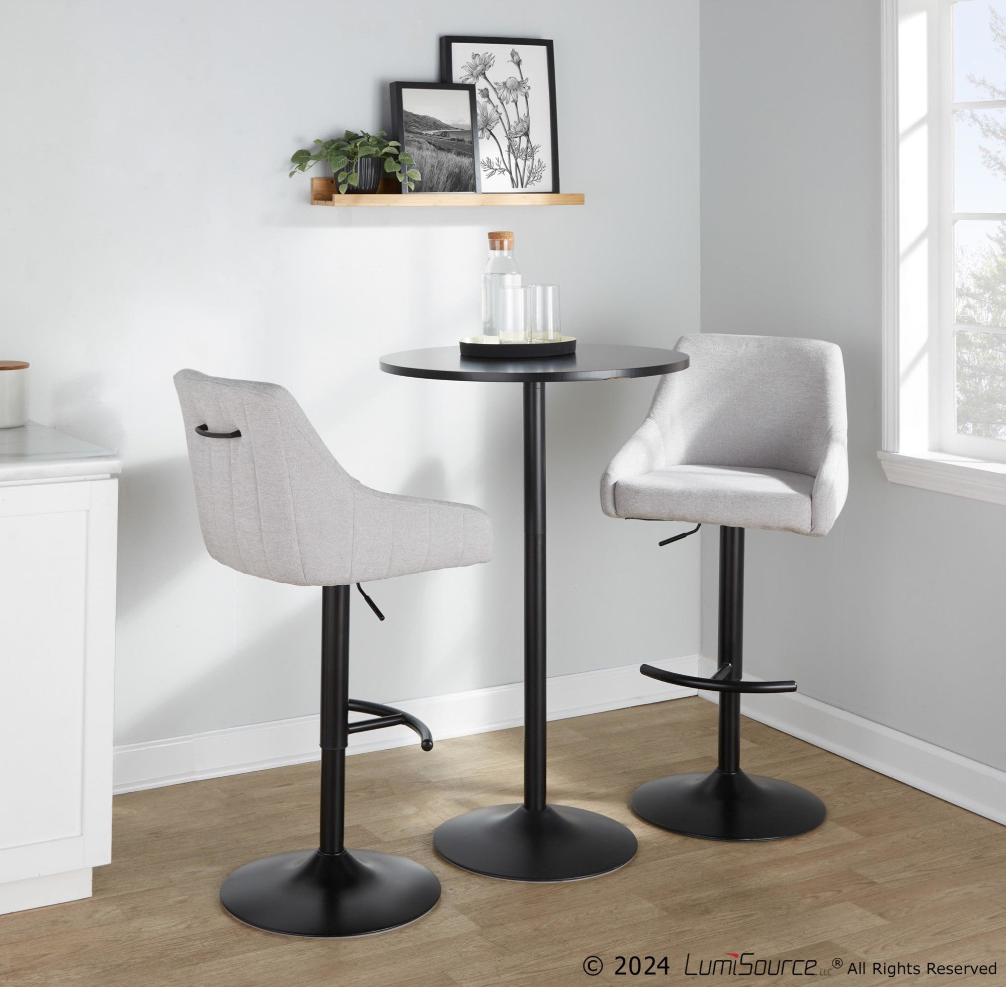 Hannah Adjustable Barstool - Set of 2 - Black Metal, Grey Fabric