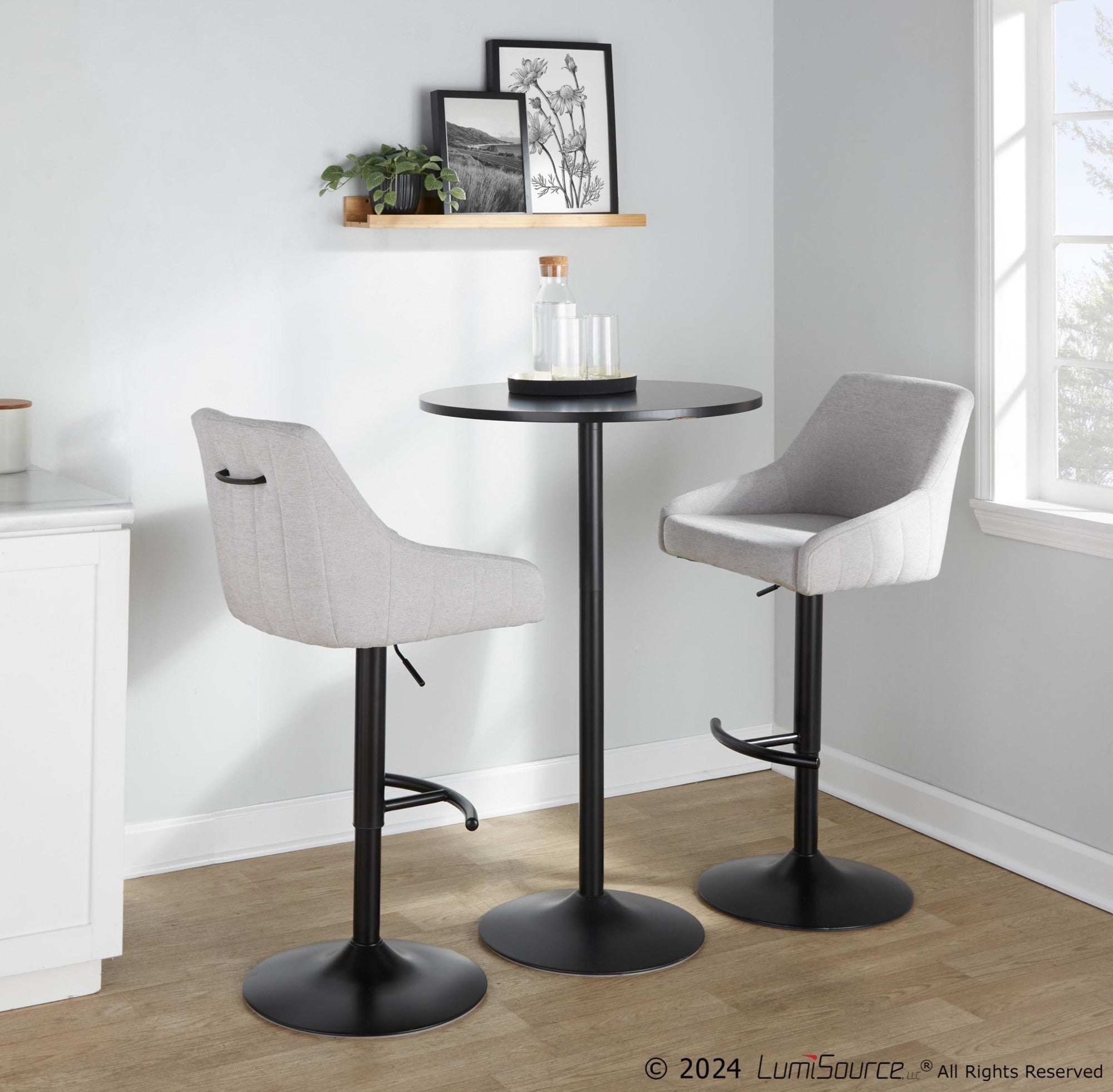 Hannah Adjustable Barstool - Set of 2 - Black Metal, Grey Fabric