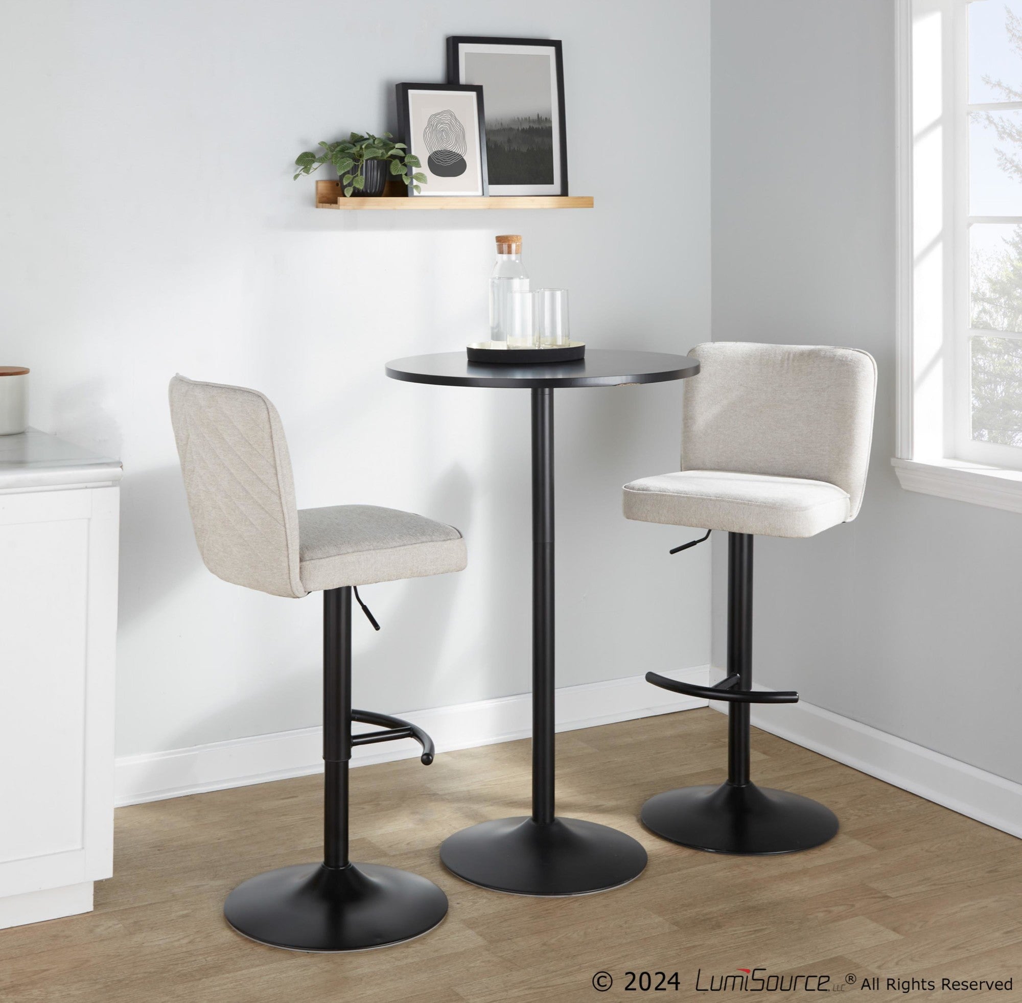Henry Adjustable Barstool - Set of 2 - Black Metal, Beige Fabric