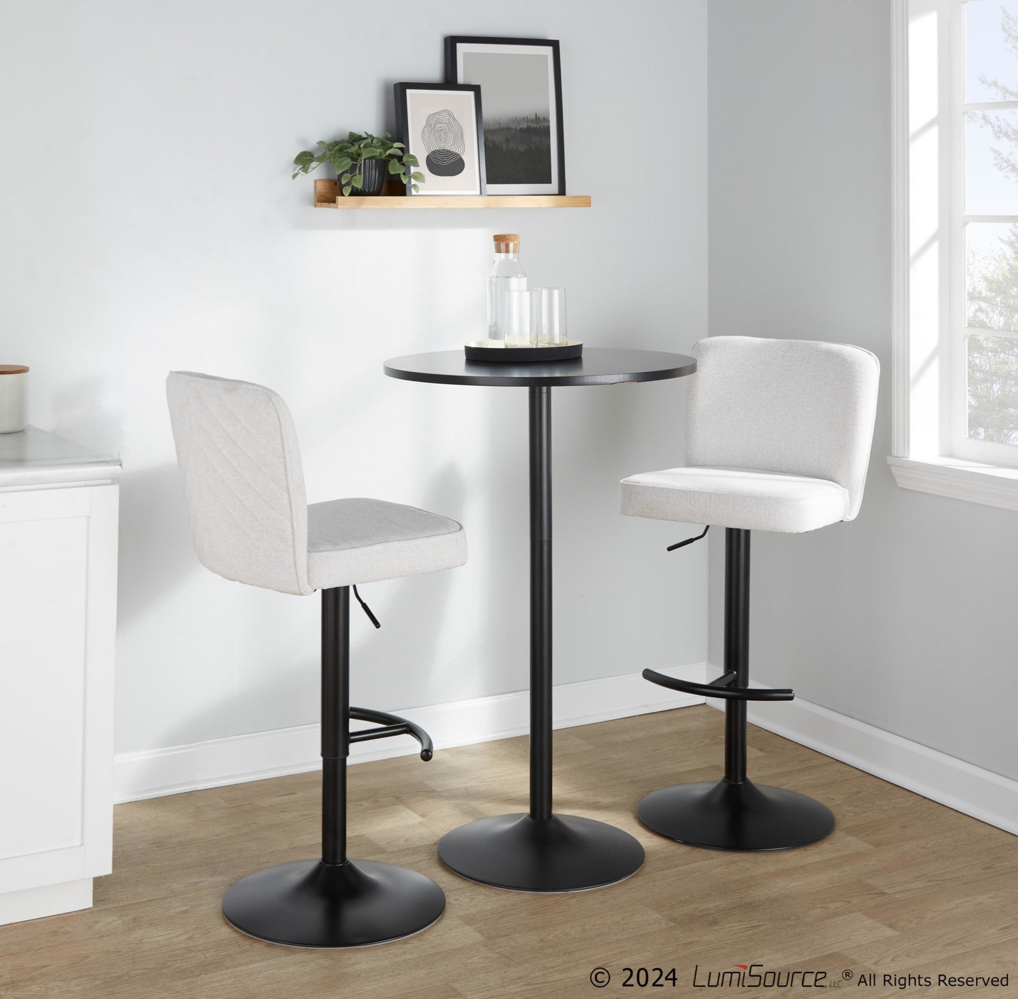 Henry Adjustable Barstool - Set of 2 - Black Metal, White Fabric