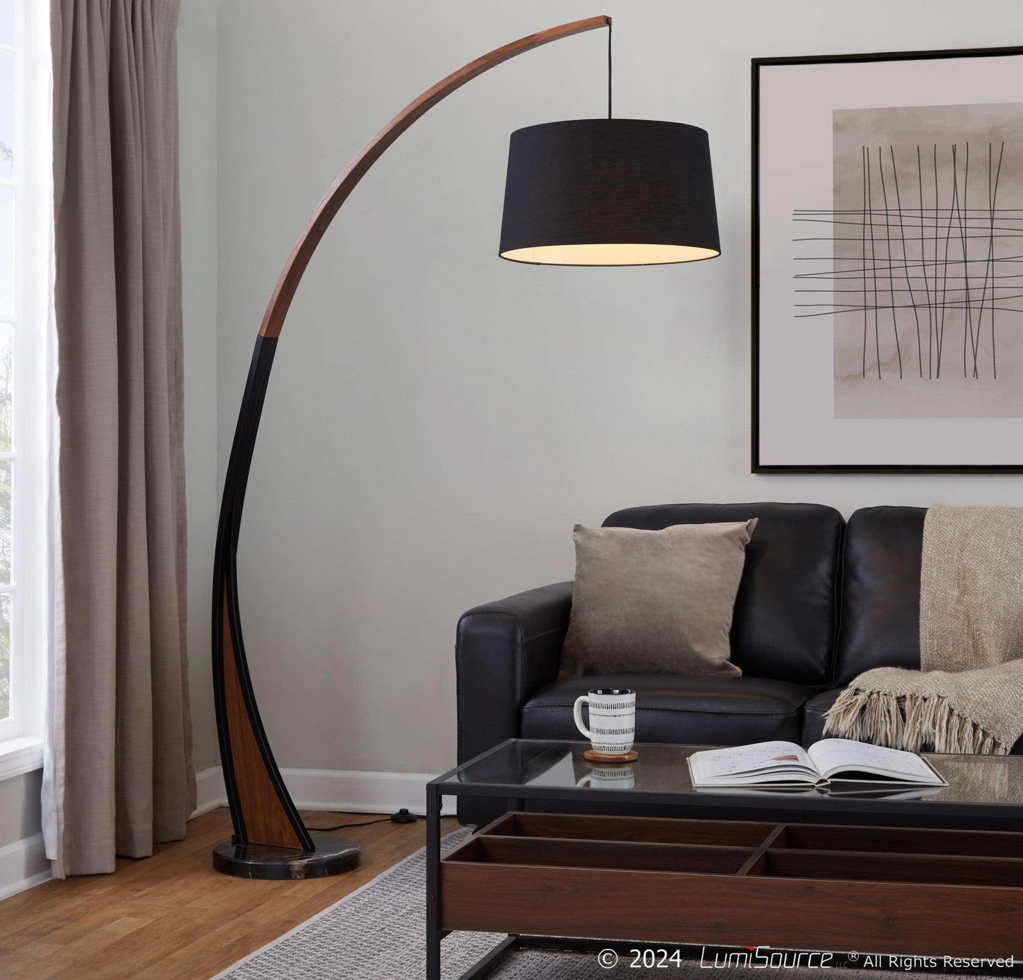 Noah Floor Lamp - Black Marble, Walnut Wood, Black Linen