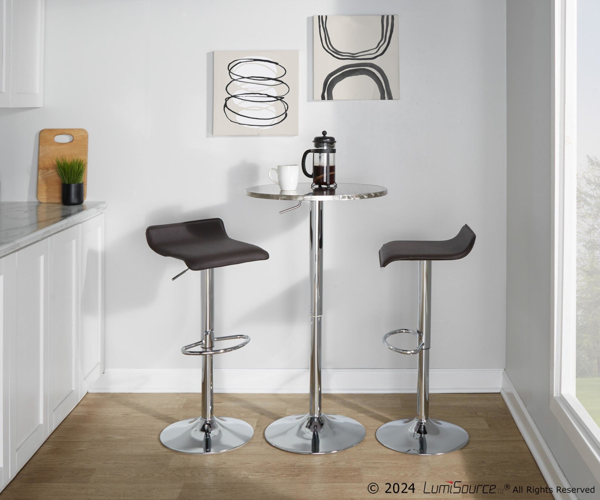 Bistro Round Ale Bar Set - 3 Piece - Silver Metal, Brown Pvc, Chrome Metal
