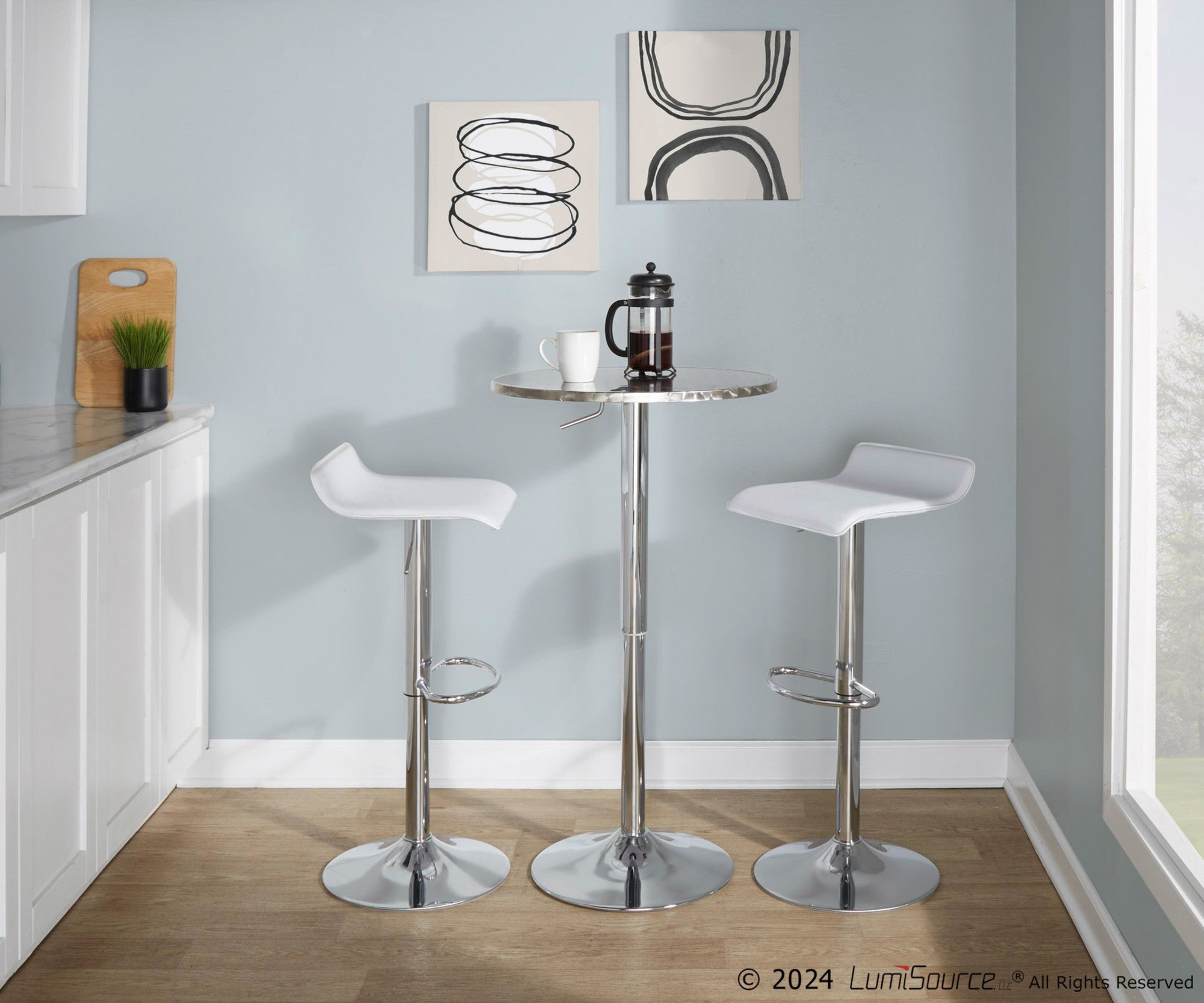 Bistro Round Ale Bar Set - 3 Piece - Silver Metal, White Pvc, Chrome Metal