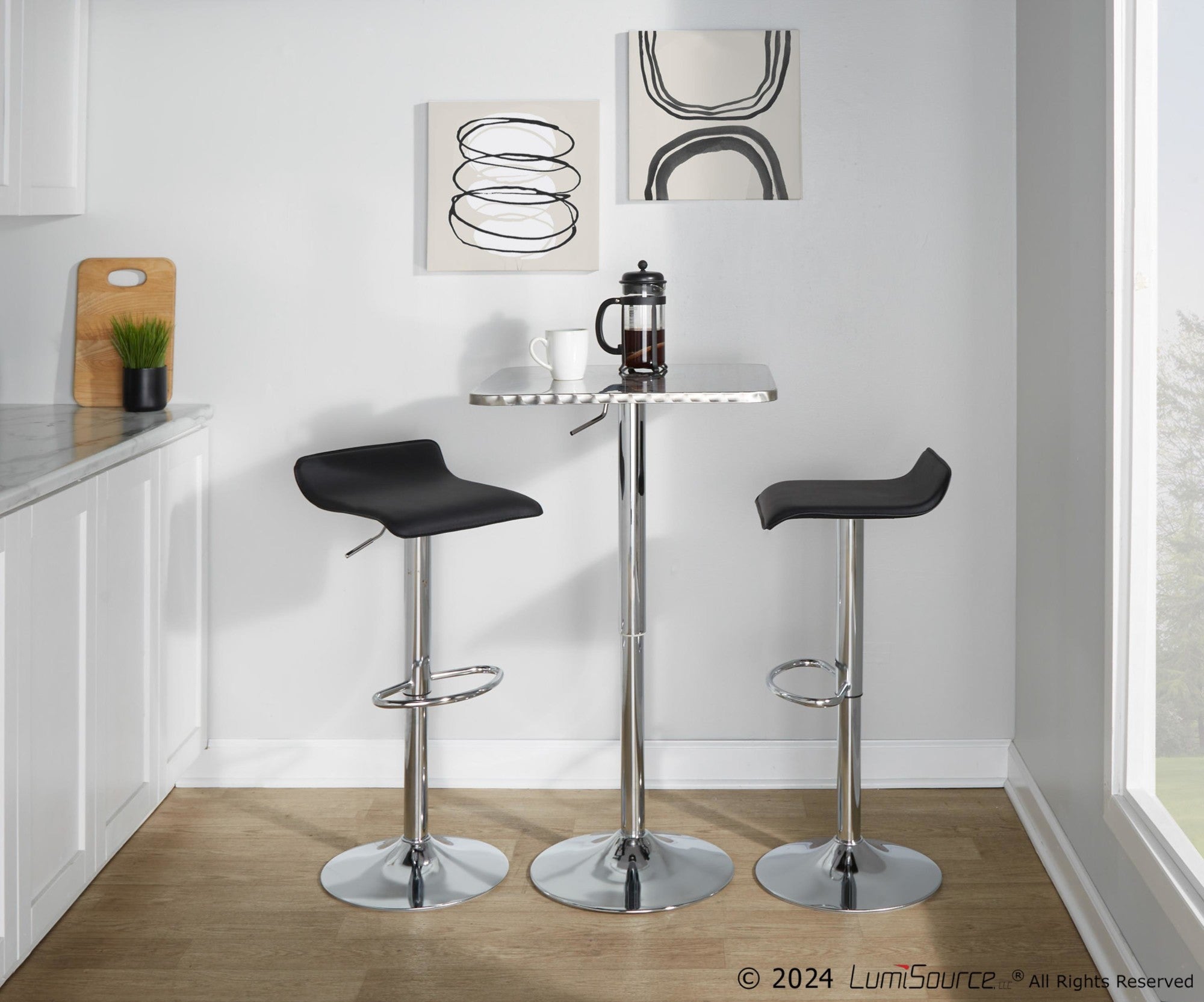 Bistro Square-ale Bar Set - 3 Piece - Silver Metal, Black Pvc, Chrome Metal