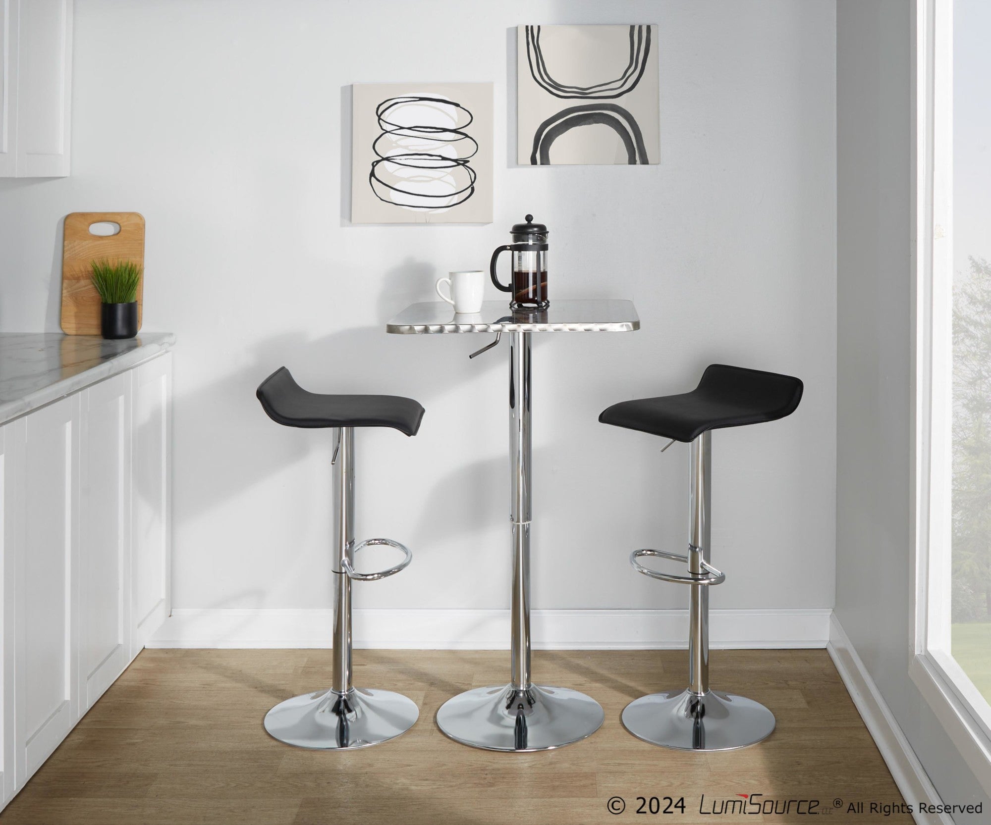Bistro Square-ale Bar Set - 3 Piece - Silver Metal, Black Pvc, Chrome Metal