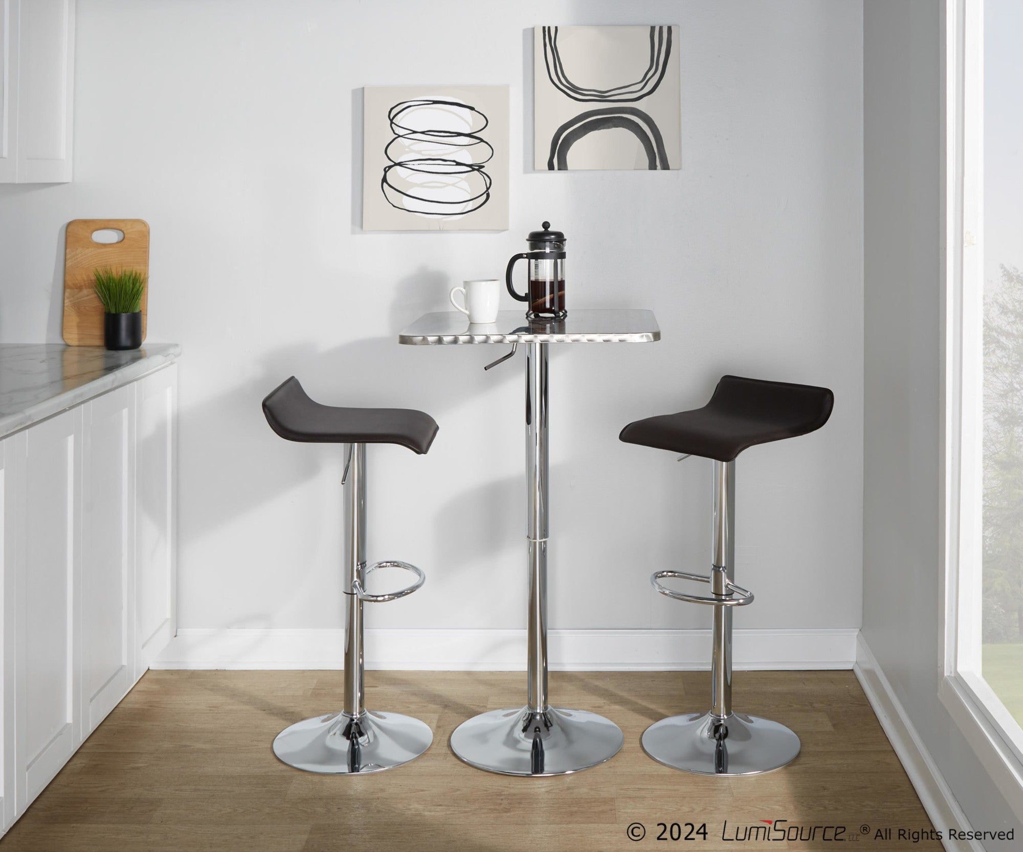 Bistro Square-ale Bar Set - 3 Piece - Silver Metal, Brown Pvc, Chrome Metal