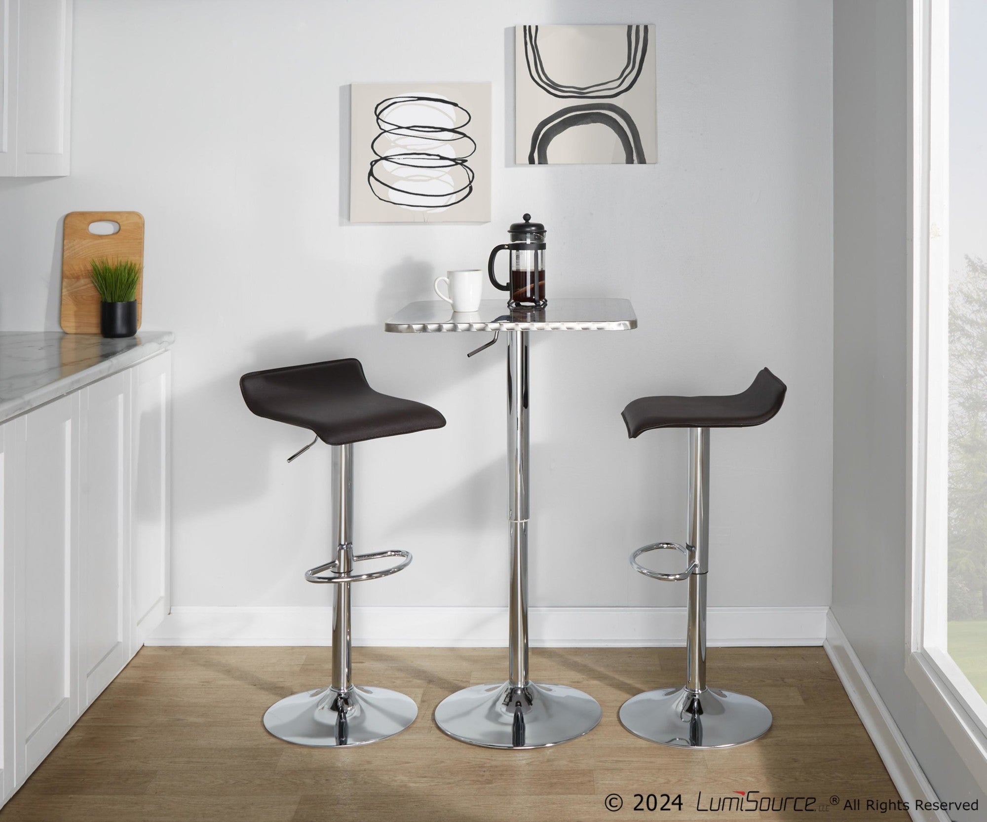 Bistro Square-ale Bar Set - 3 Piece - Silver Metal, Brown Pvc, Chrome Metal
