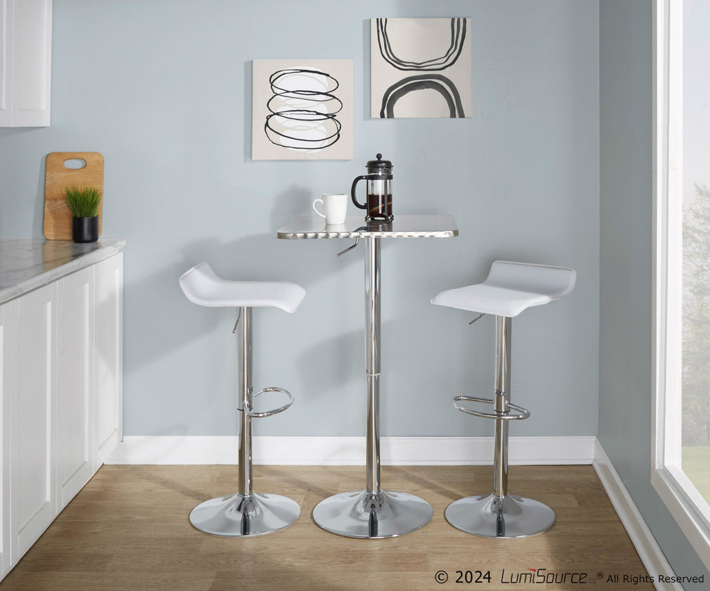 Bistro Square-ale Bar Set - 3 Piece - Silver Metal, White Pvc, Chrome Metal