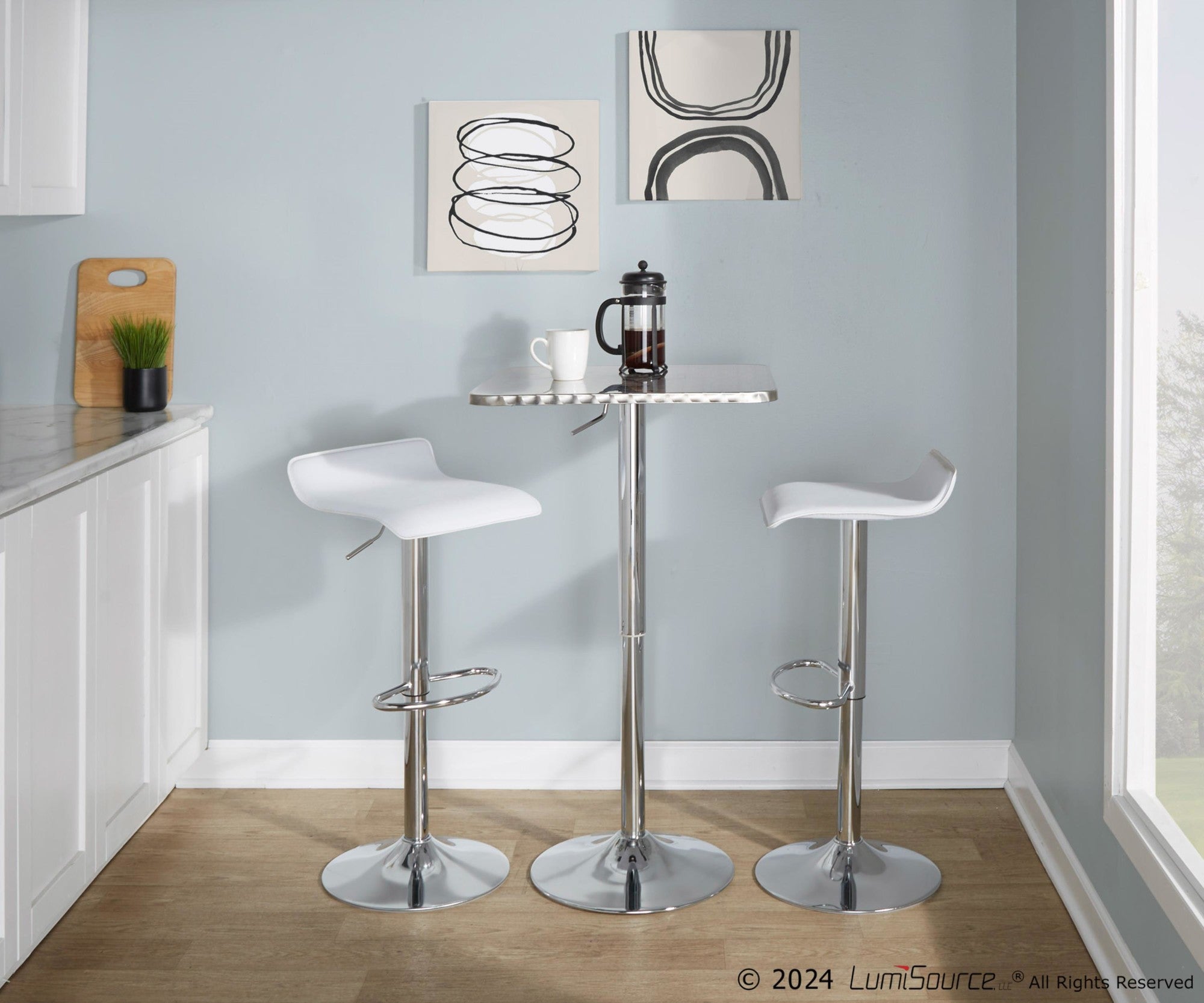 Bistro Square-ale Bar Set - 3 Piece - Silver Metal, White Pvc, Chrome Metal