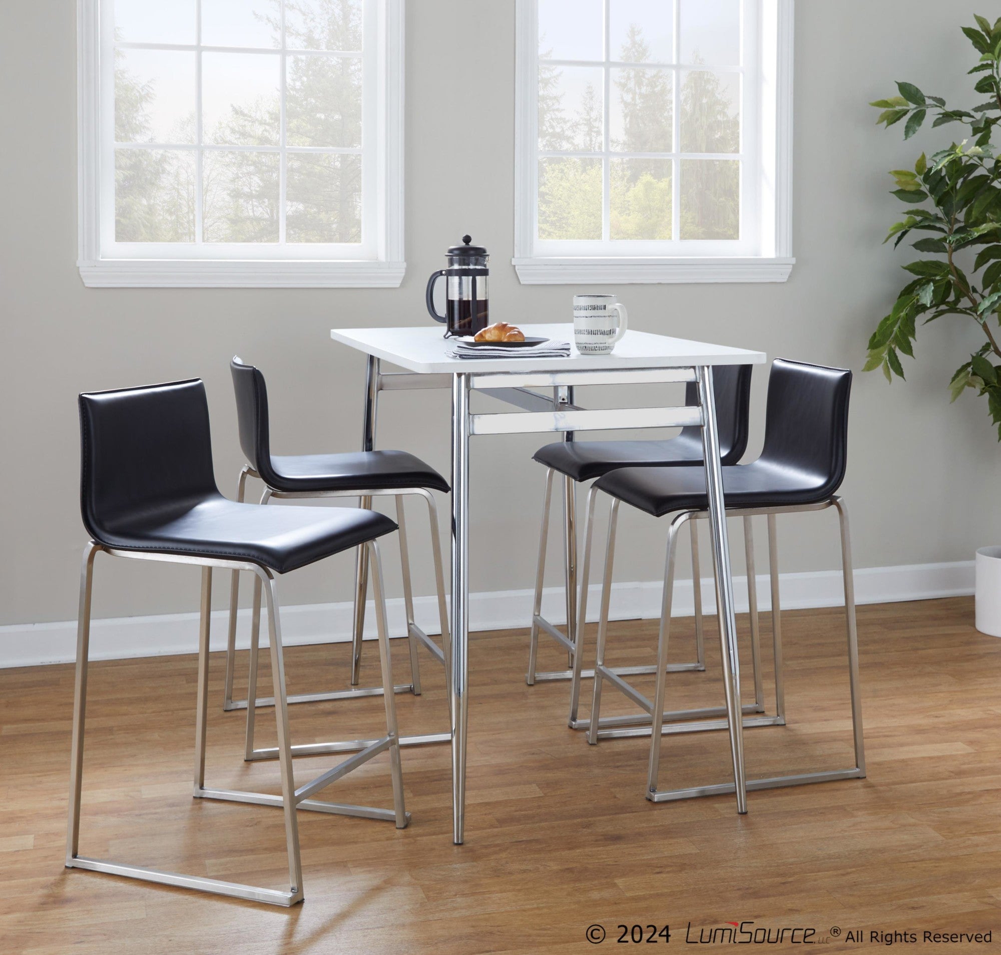 Mara 26" Fixed-Height Counter Stool - Set of 2 - Stainless Steel, Black PU