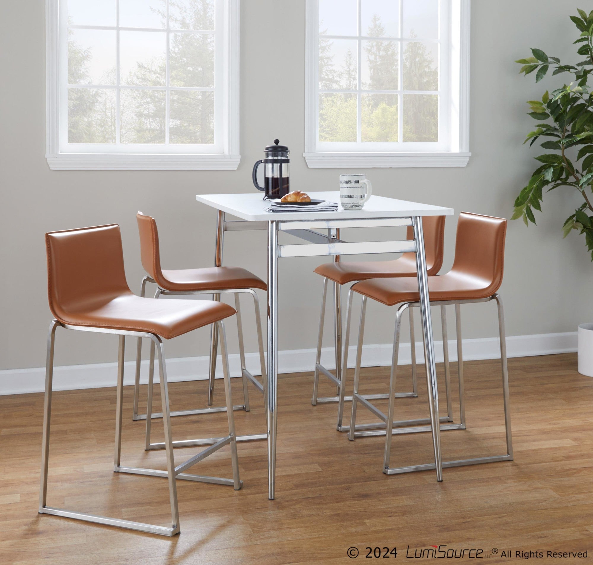 Mara 26" Fixed-Height Counter Stool - Set of 2 - Stainless Steel, Camel PU