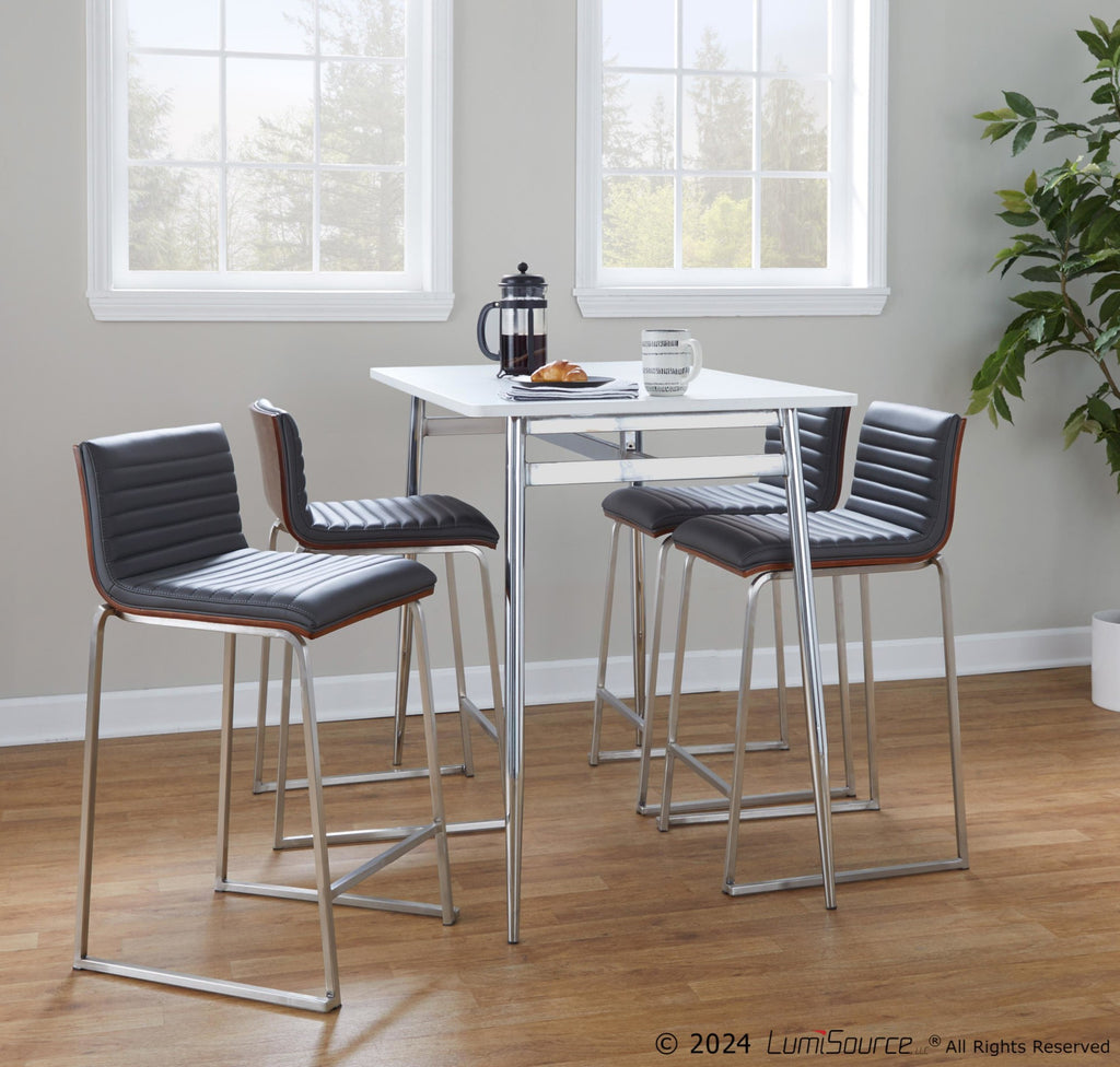 Mara 26" Fixed-Height Counter Stool - Set of 2 - Brushed Stainless Steel, Walnut Wood, Grey PU