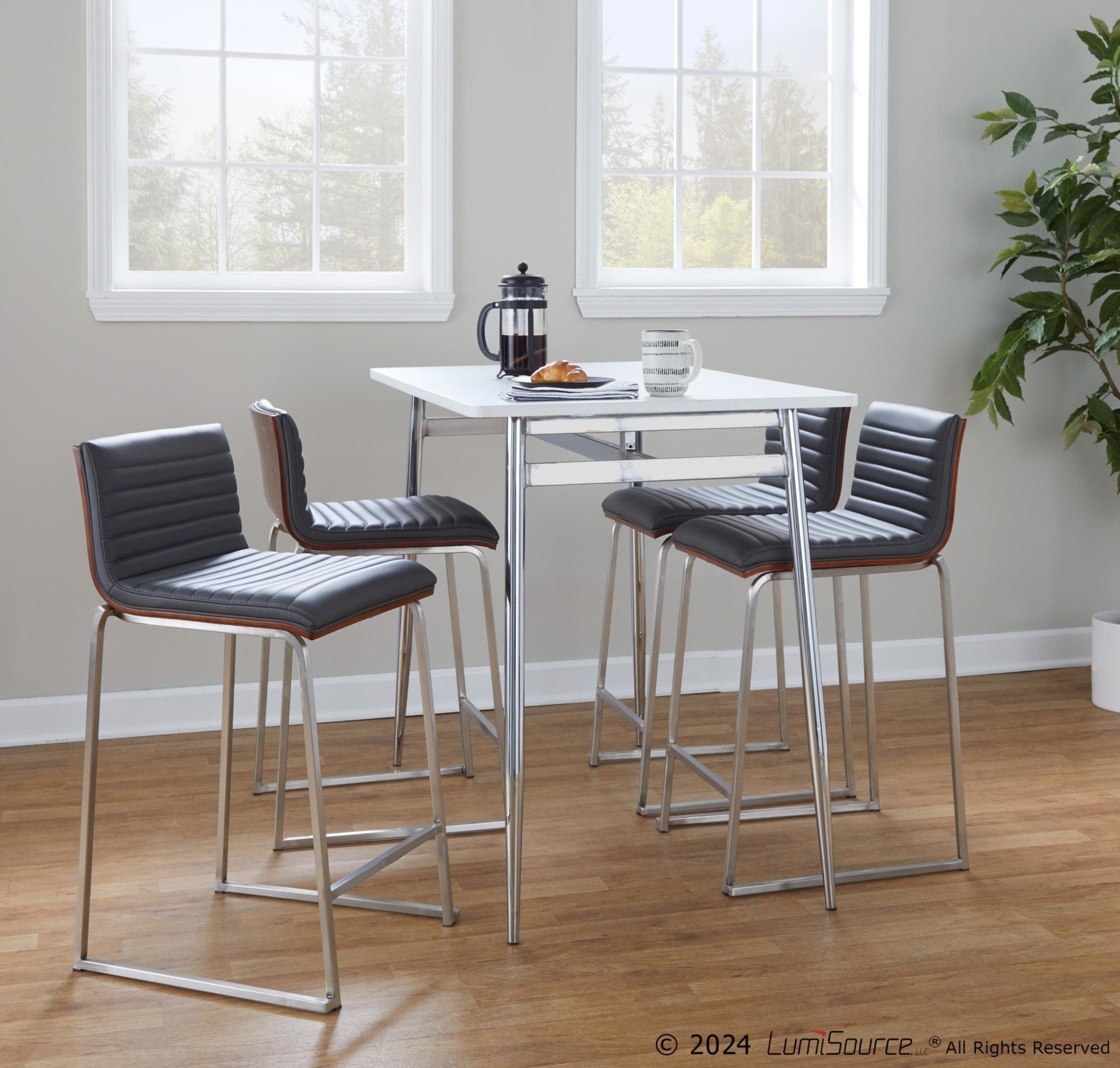 Mara 26" Fixed-Height Counter Stool - Set of 2 - Brushed Stainless Steel, Walnut Wood, Grey PU