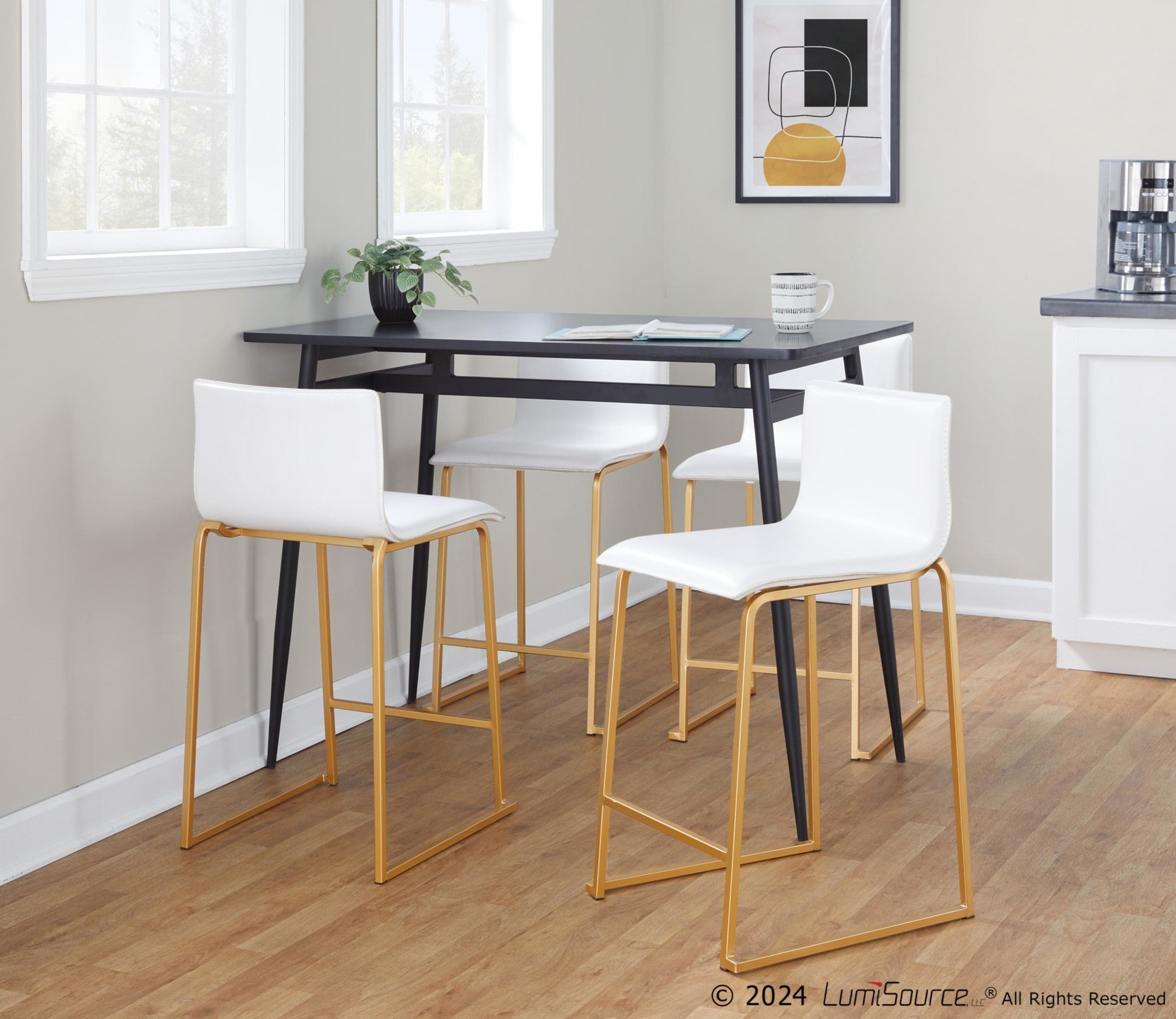 Mara 26" Fixed-Height Counter Stool - Set of 2 - Gold Metal, White PU