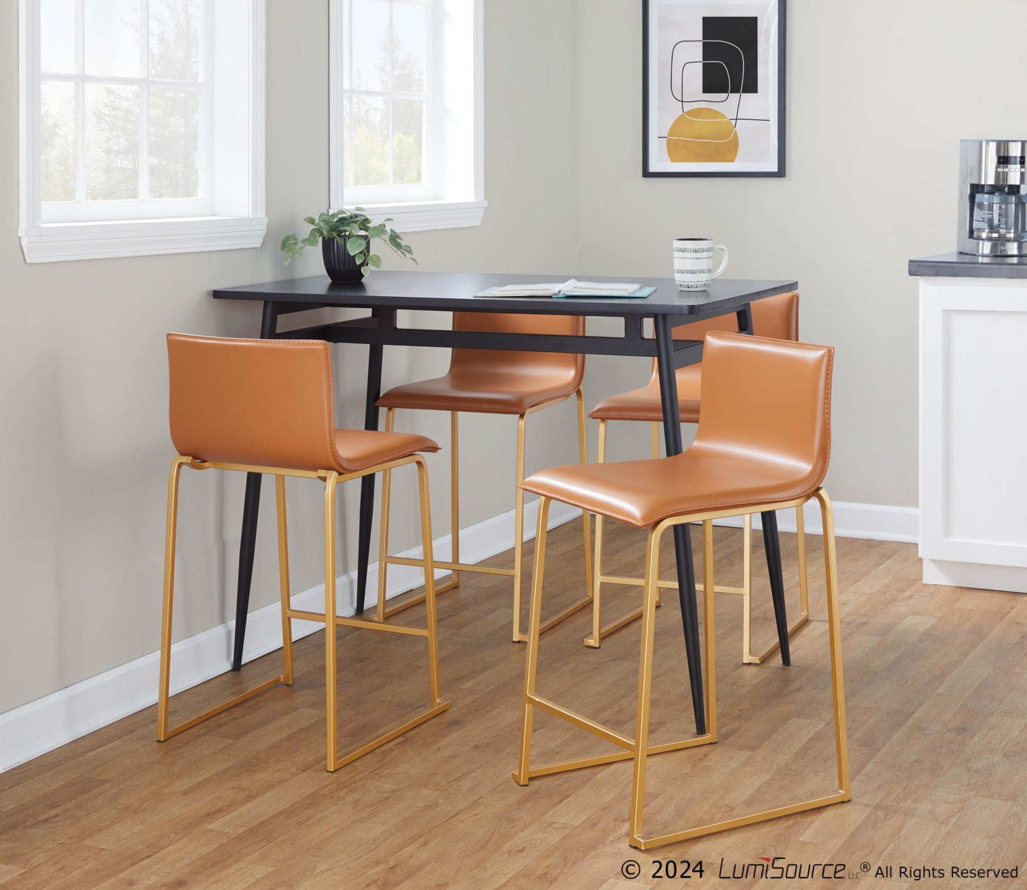 Mara 26" Fixed-Height Counter Stool - Set of 2 - Gold Metal, Camel PU
