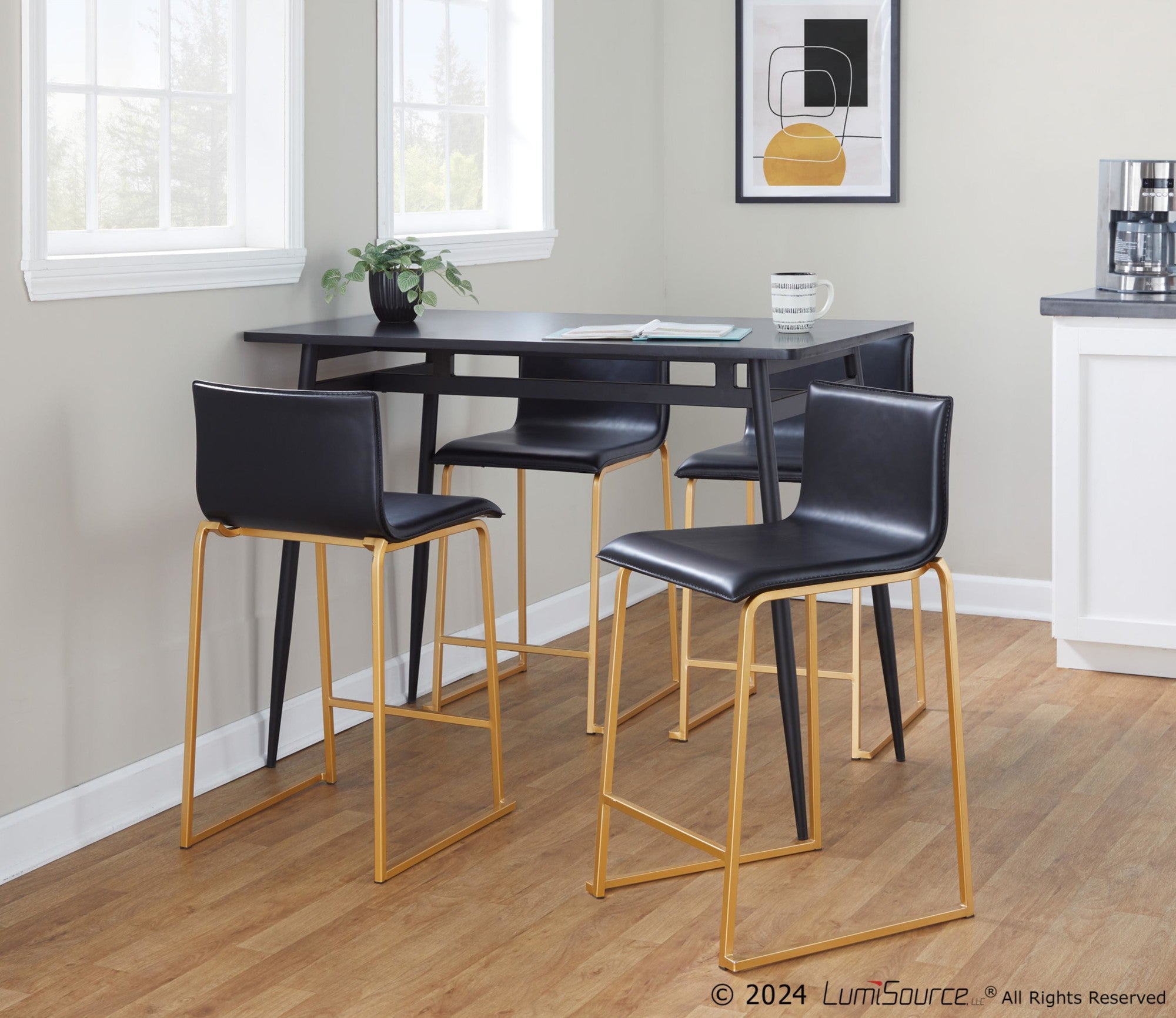 Mara 26" Fixed-Height Counter Stool - Set of 2 - Gold Metal, Black PU