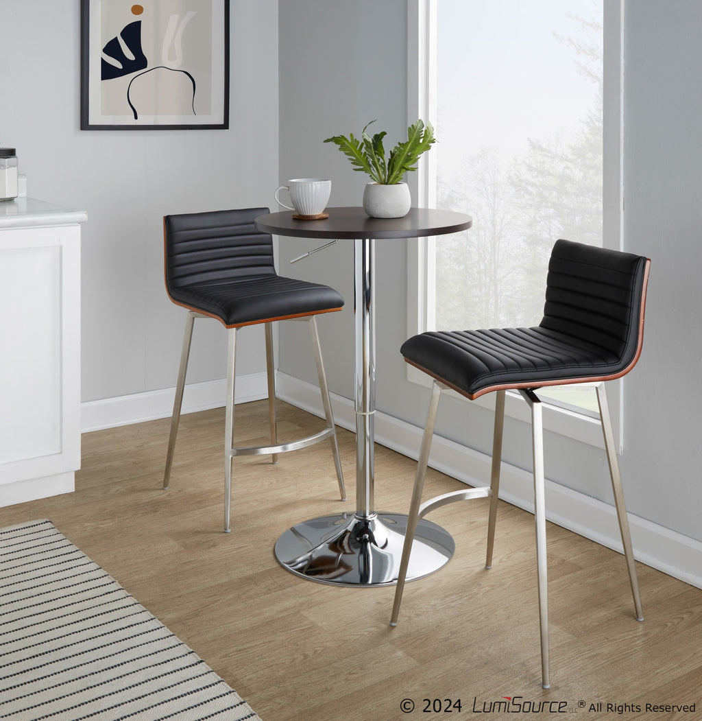 Mason Swivel Adjustable Counter Height Dining Set - 3 Piece - Chrome Metal, Brown Wood, Black PU, Stainless Steel