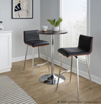 Mason Swivel Adjustable Counter Height Dining Set - 3 Piece - Chrome Metal, Brown Wood, Black PU, Stainless Steel