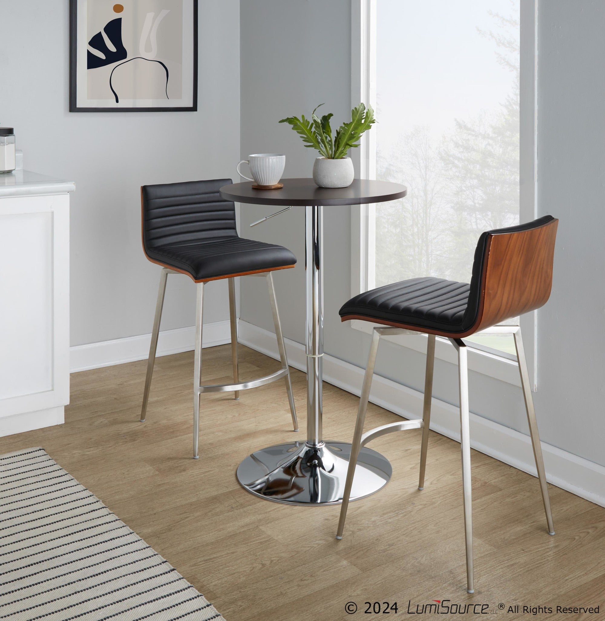 Adjustable Bar Table - Chrome, Brown Wood