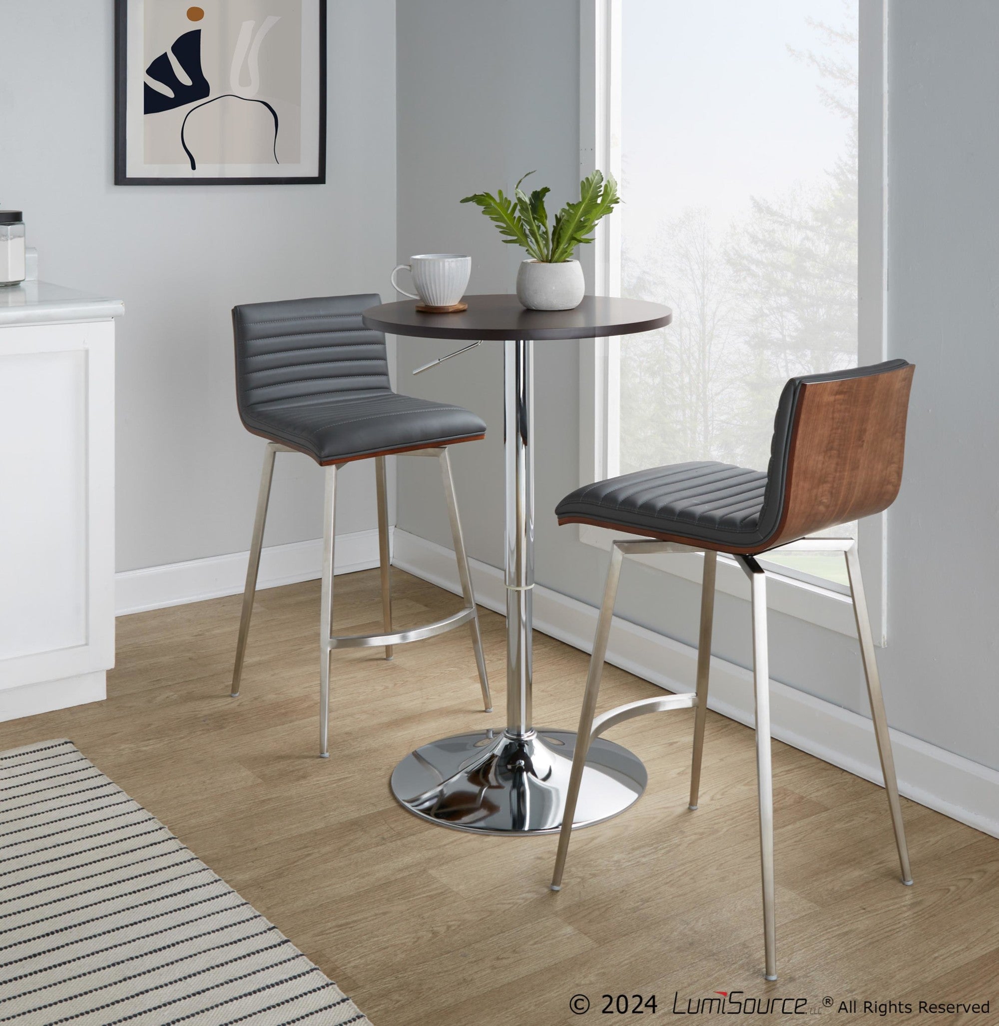Mason Swivel Adjustable Counter Height Dining Set - 3 Piece - Chrome Metal, Brown Wood, Grey PU, Stainless Steel