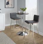 Mason Swivel Adjustable Counter Height Dining Set - 3 Piece - Chrome Metal, Brown Wood, Grey PU, Stainless Steel