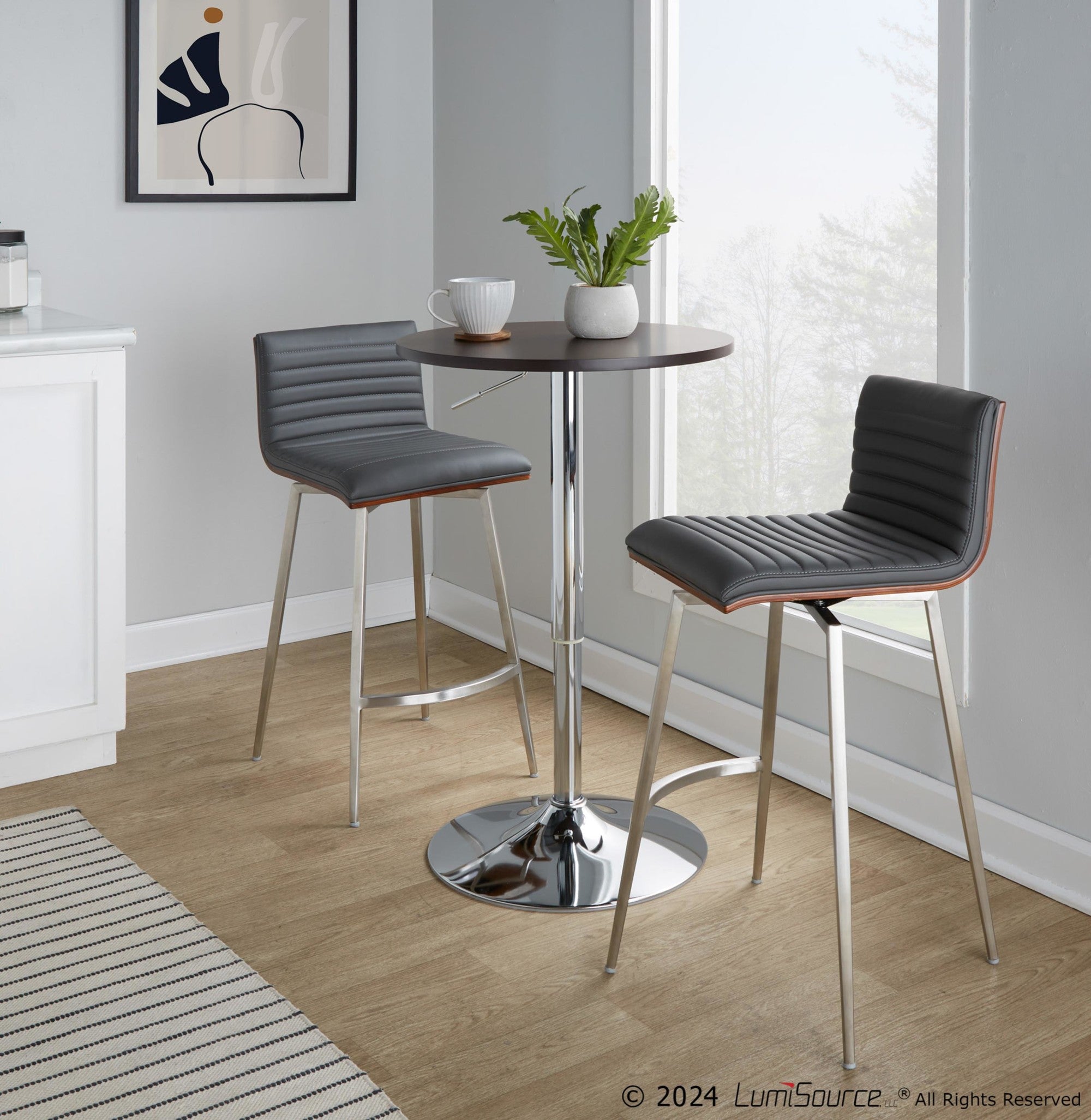 Mason Swivel Adjustable Counter Height Dining Set - 3 Piece - Chrome Metal, Brown Wood, Grey PU, Stainless Steel