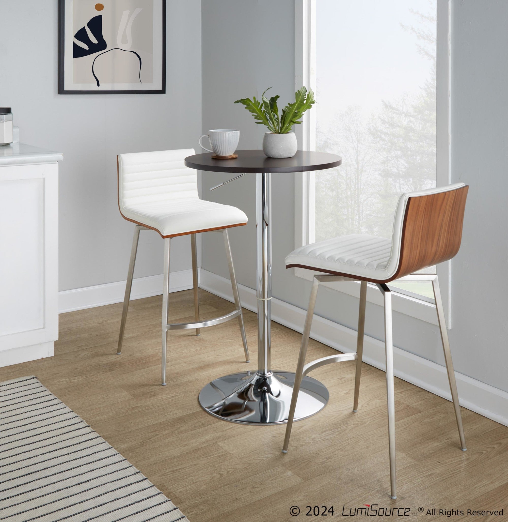 Mason 26" Fixed-Height Counter Stool - Set of 2 - Stainless Steel, Walnut Wood, White PU