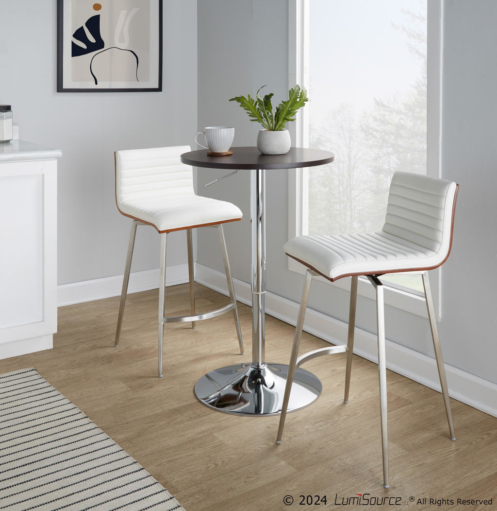 Mason Swivel Adjustable Counter Height Dining Set - 3 Piece - Chrome Metal, Brown Wood, White PU, Stainless Steel